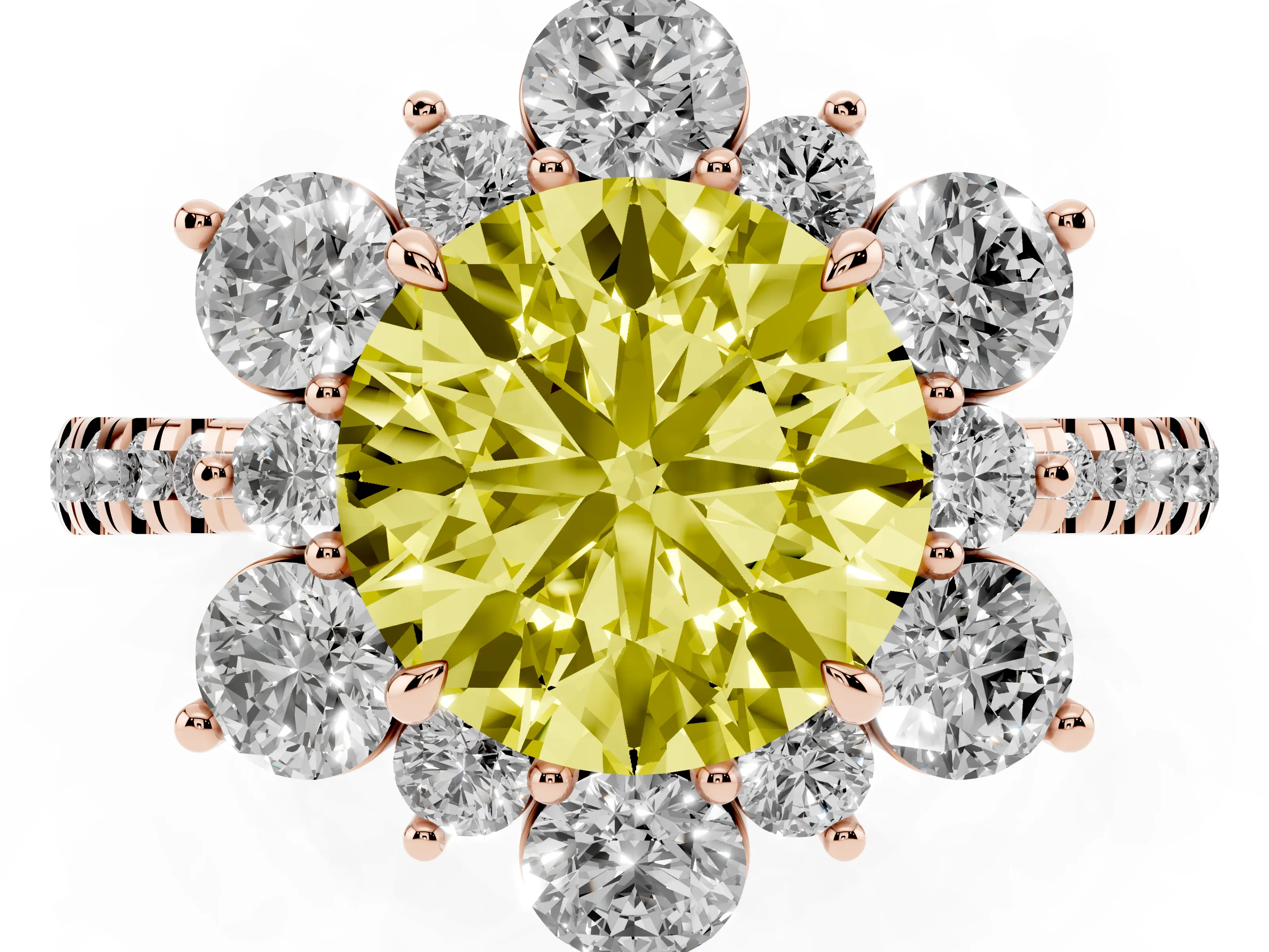 Fancy Yellow Round Cut Diamond Floral Halo Ring Set in Rose gold with Round Pavé Band and Prong Setting