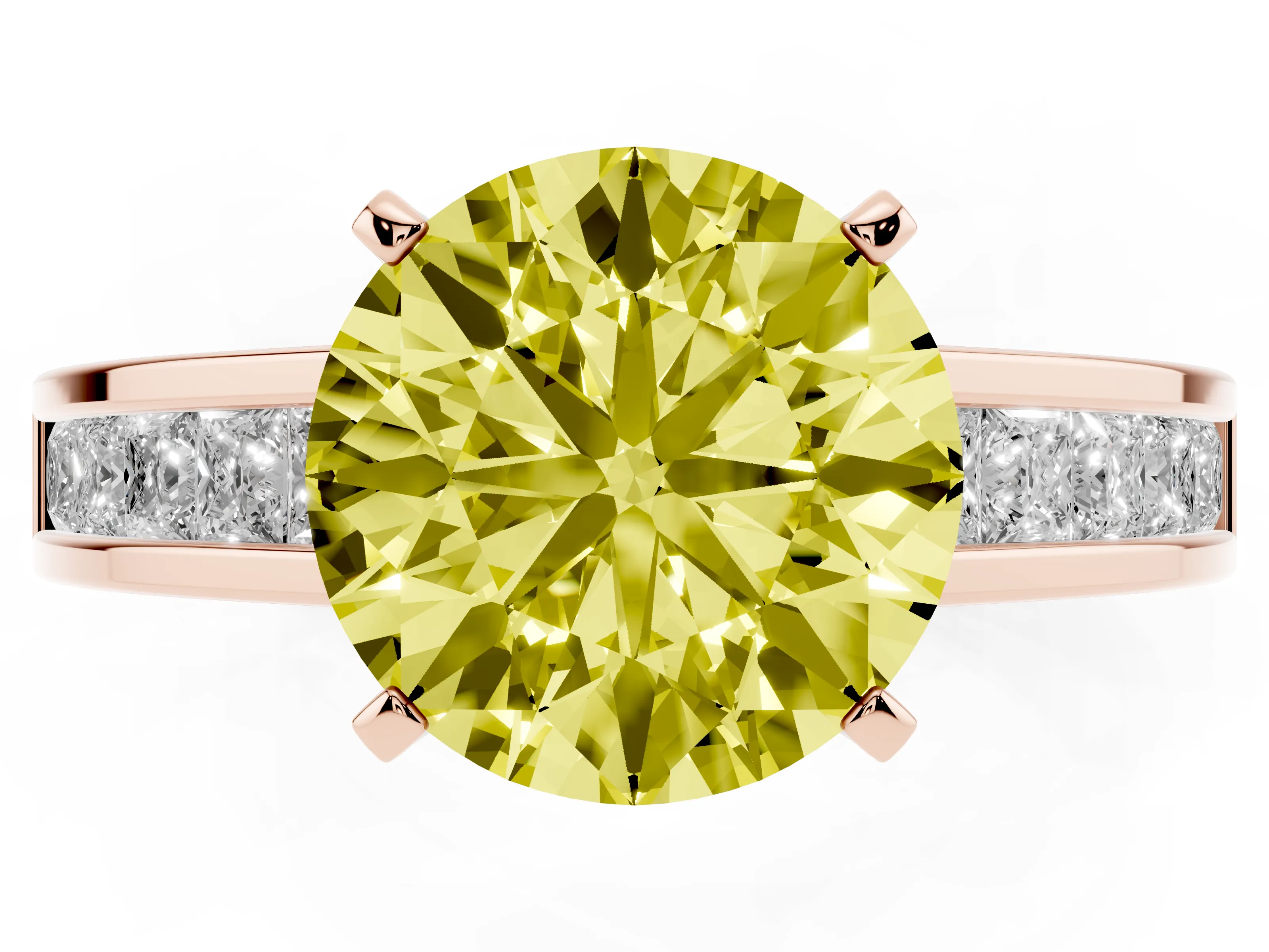 Fancy Yellow Round Cut Diamond Solitaire Ring Set in Rose gold with Channel-Set Band and Prong Setting