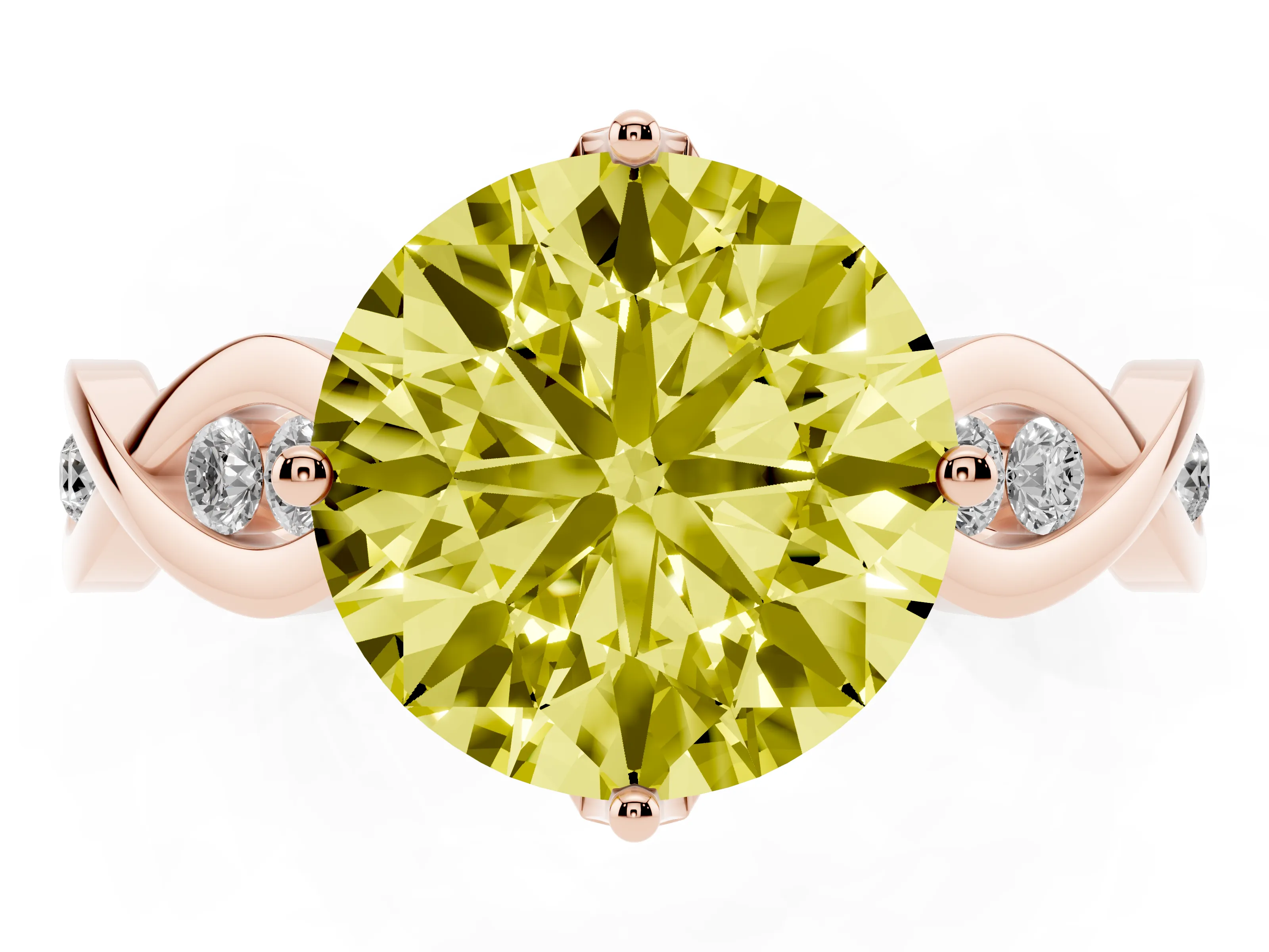 Fancy Yellow Round Cut Diamond Twist Band Solitaire Ring Set in Rose gold with Leaf Prong Setting and Accent Stones