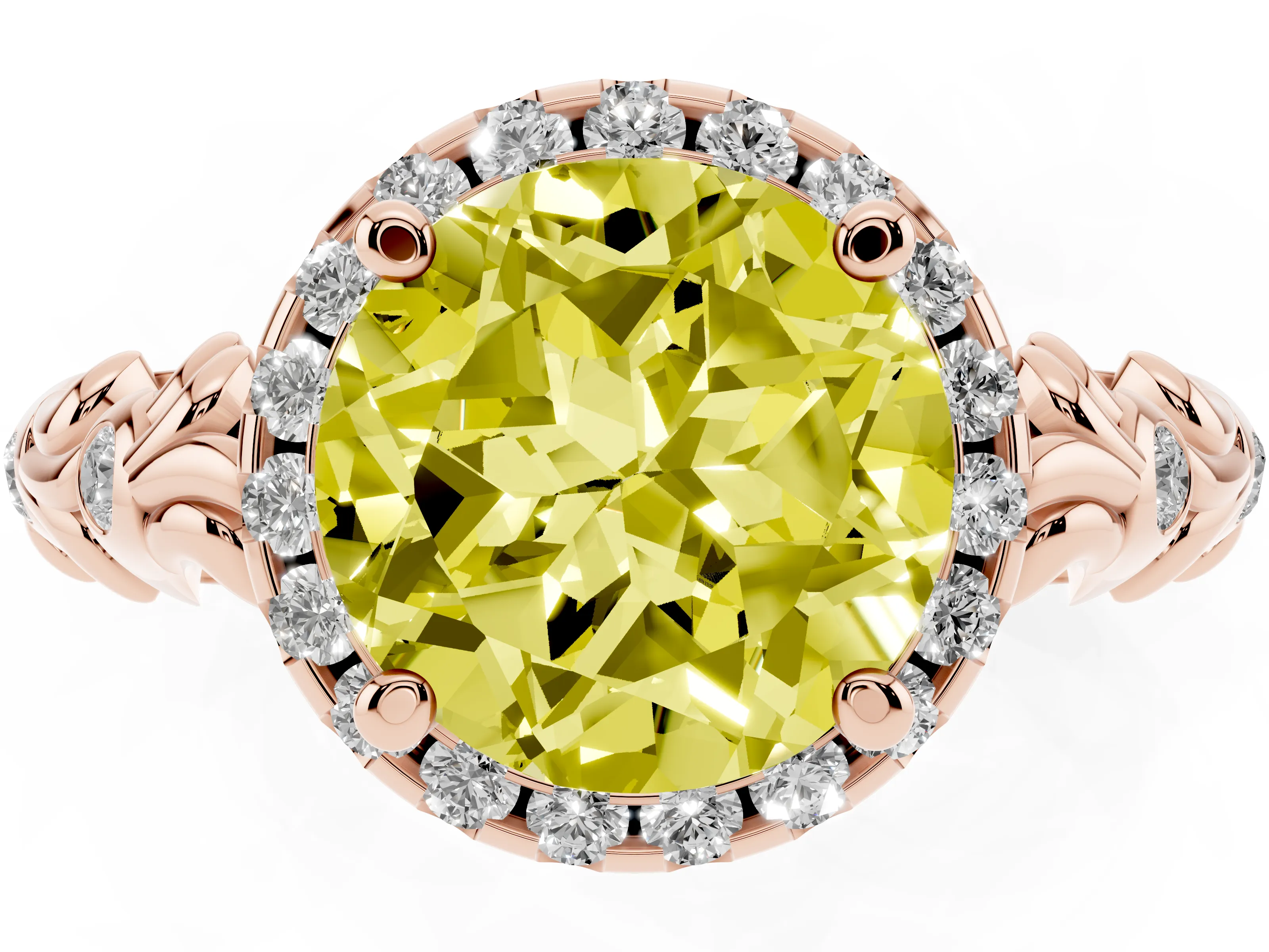 Fancy Yellow Round Cut Diamond Halo Ring Set in Rose gold with Filigree Leaf Band and Prong Setting