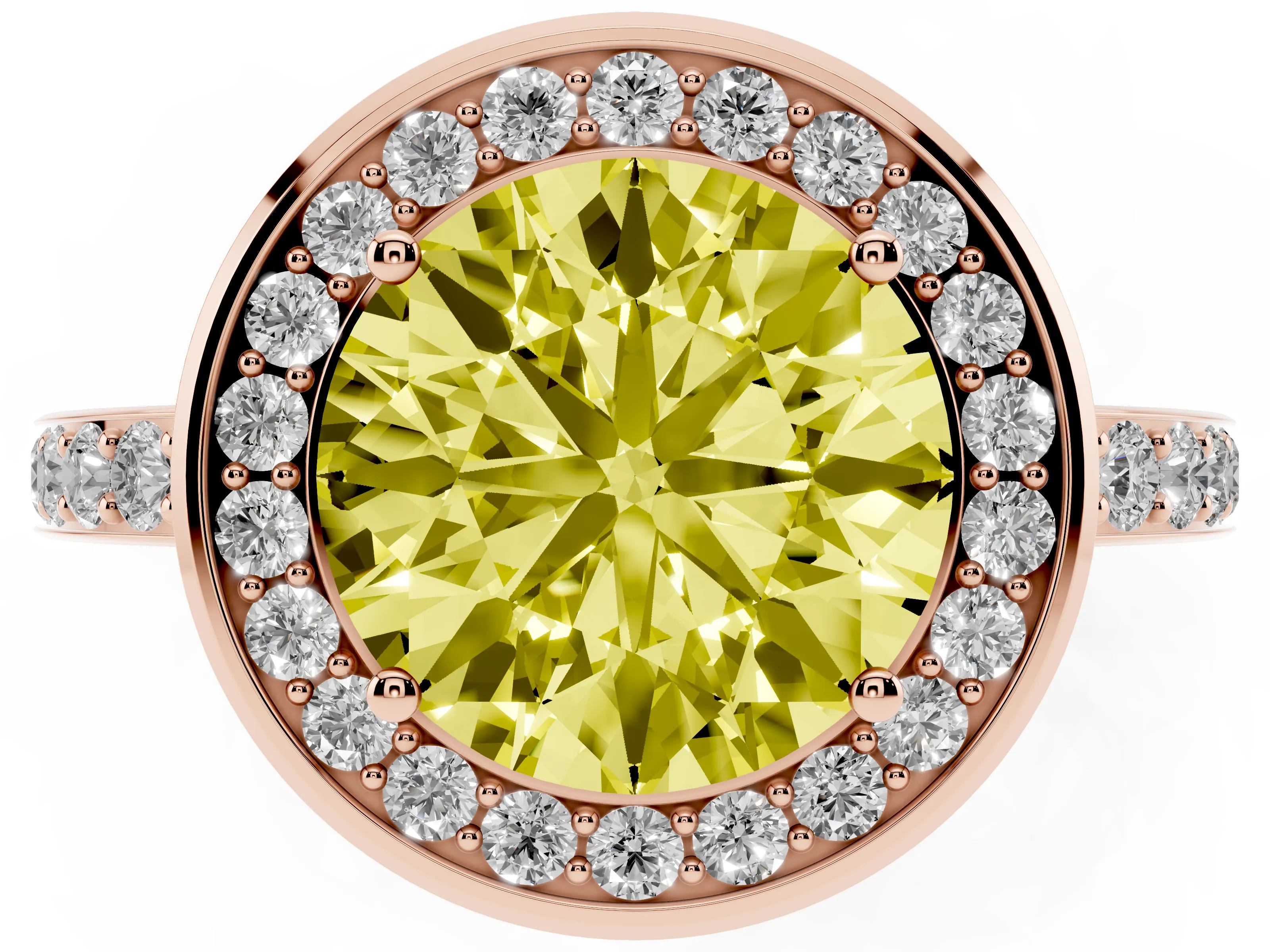 Fancy Yellow Round Cut Diamond Halo Ring Set in Rose gold with Bezel Frame and Pavé Band