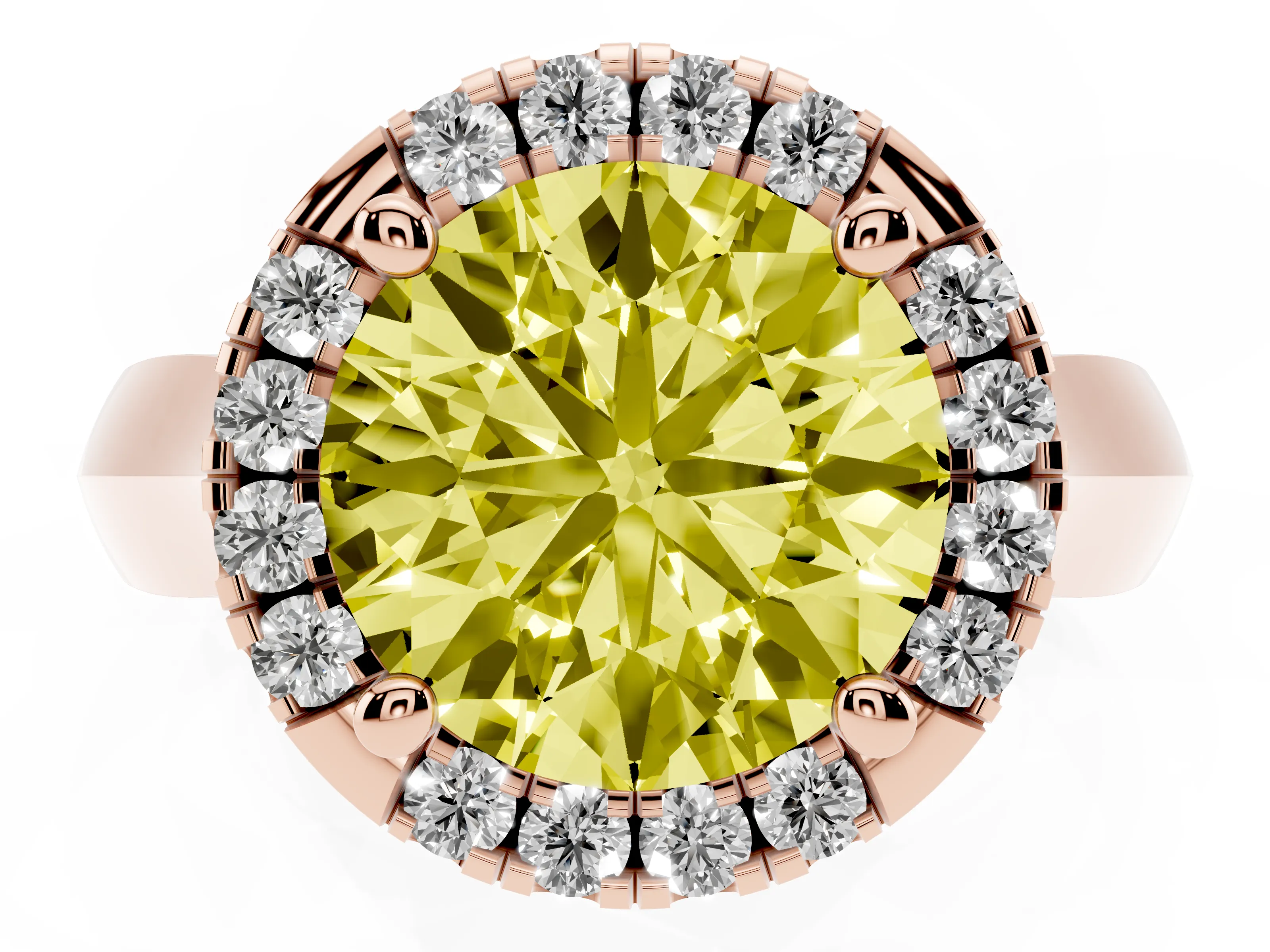 Fancy Yellow Round Cut Diamond Halo Solitaire Engagement Ring Set in Rose gold with Square Band and Prong Setting