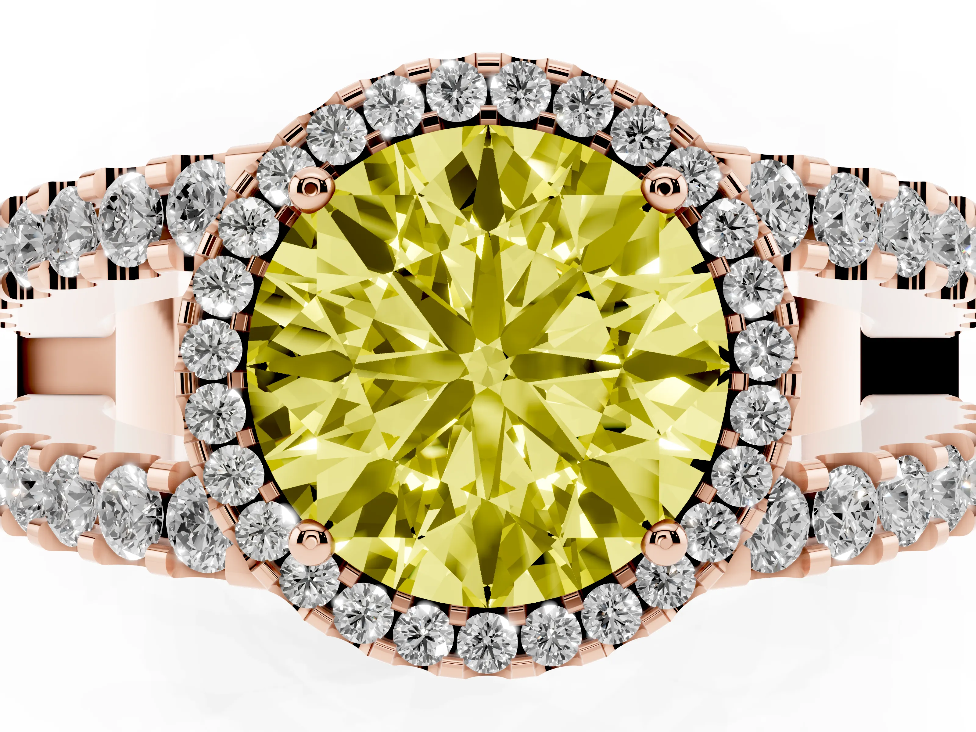 Fancy Yellow Round Cut Diamond Halo Ring Set in Rose gold with Pavé Split Shank and Prong Setting