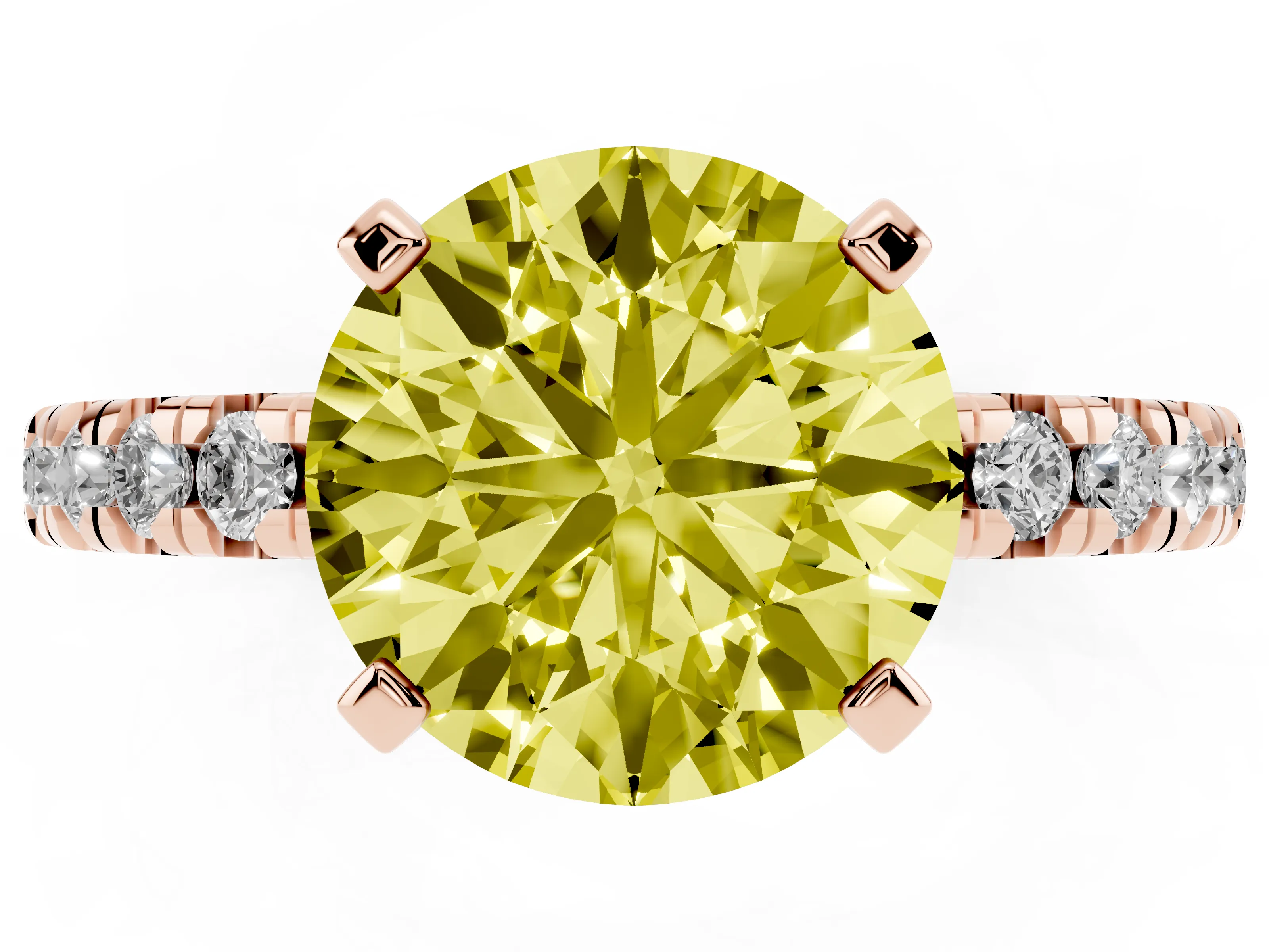 Fancy Yellow Round Cut Diamond Solitaire Pavé Engagement Ring Set in Rose gold with Round Band and Prong Setting