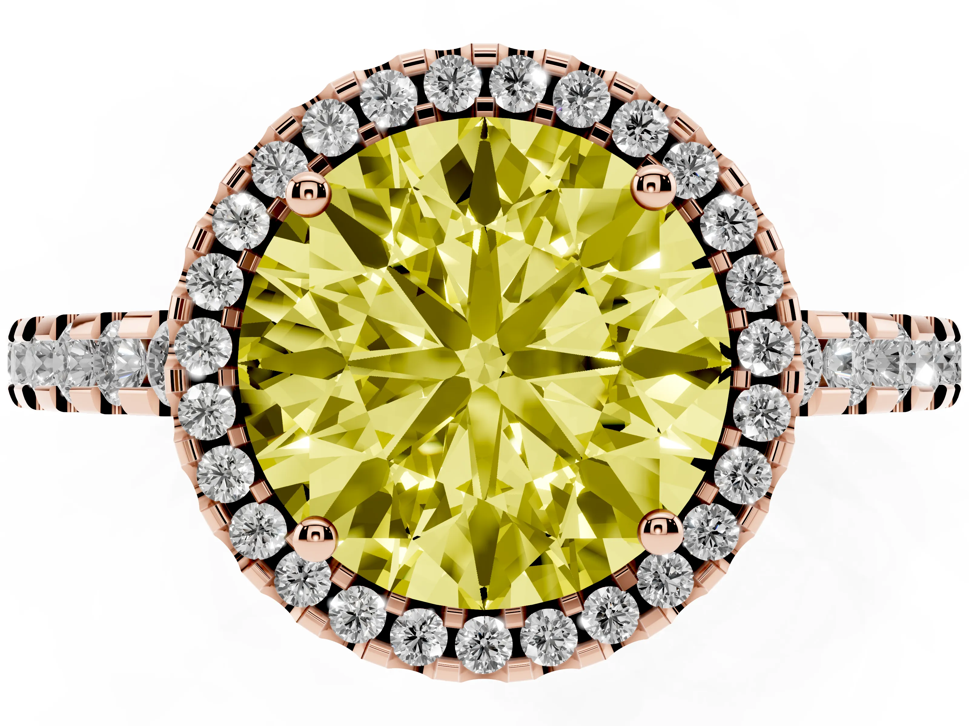 Fancy Yellow Round Cut Diamond Halo Ring Set in Rose gold with Pavé Shoulders and Halo-Framed Center