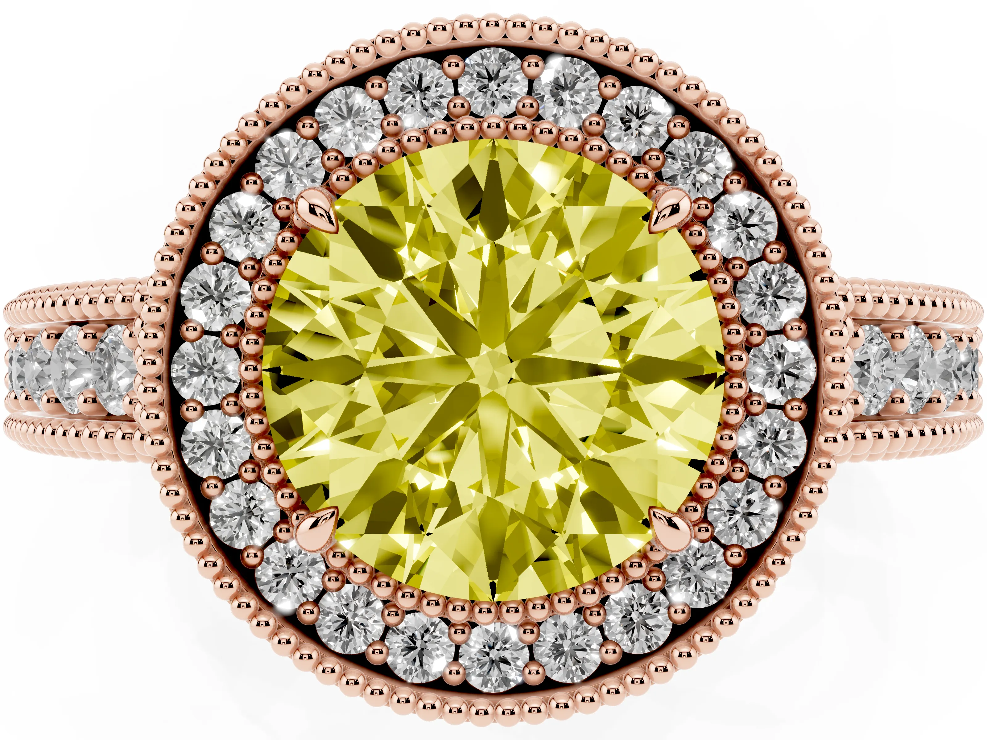 Fancy Yellow Round Cut Diamond Halo Ring Set in Rose gold with Round Accent Halo, Pavé Band and Prong Setting