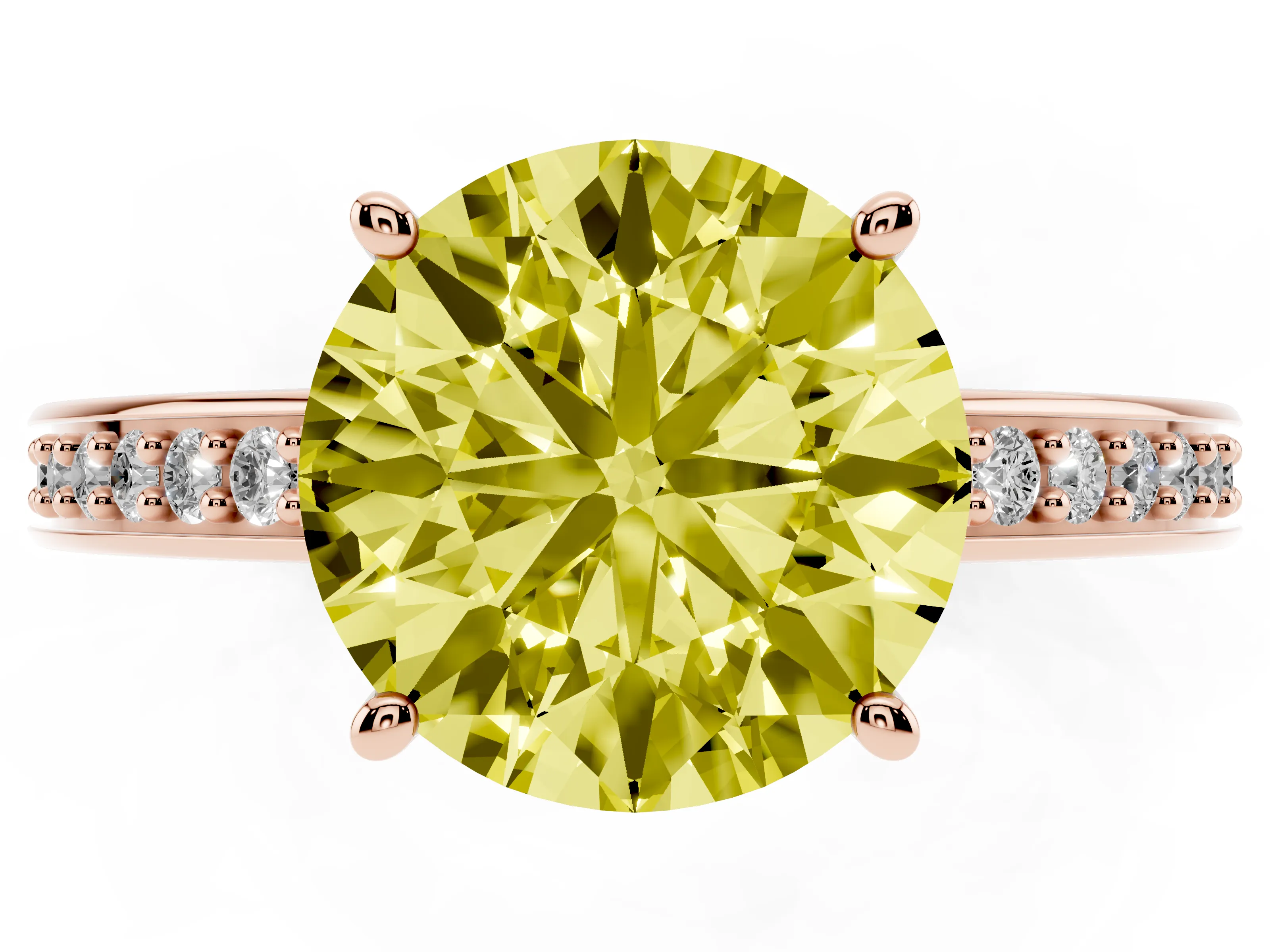 Fancy Yellow Round Cut Diamond Pavé Band Prong Set Solitaire Ring Set in Rose gold