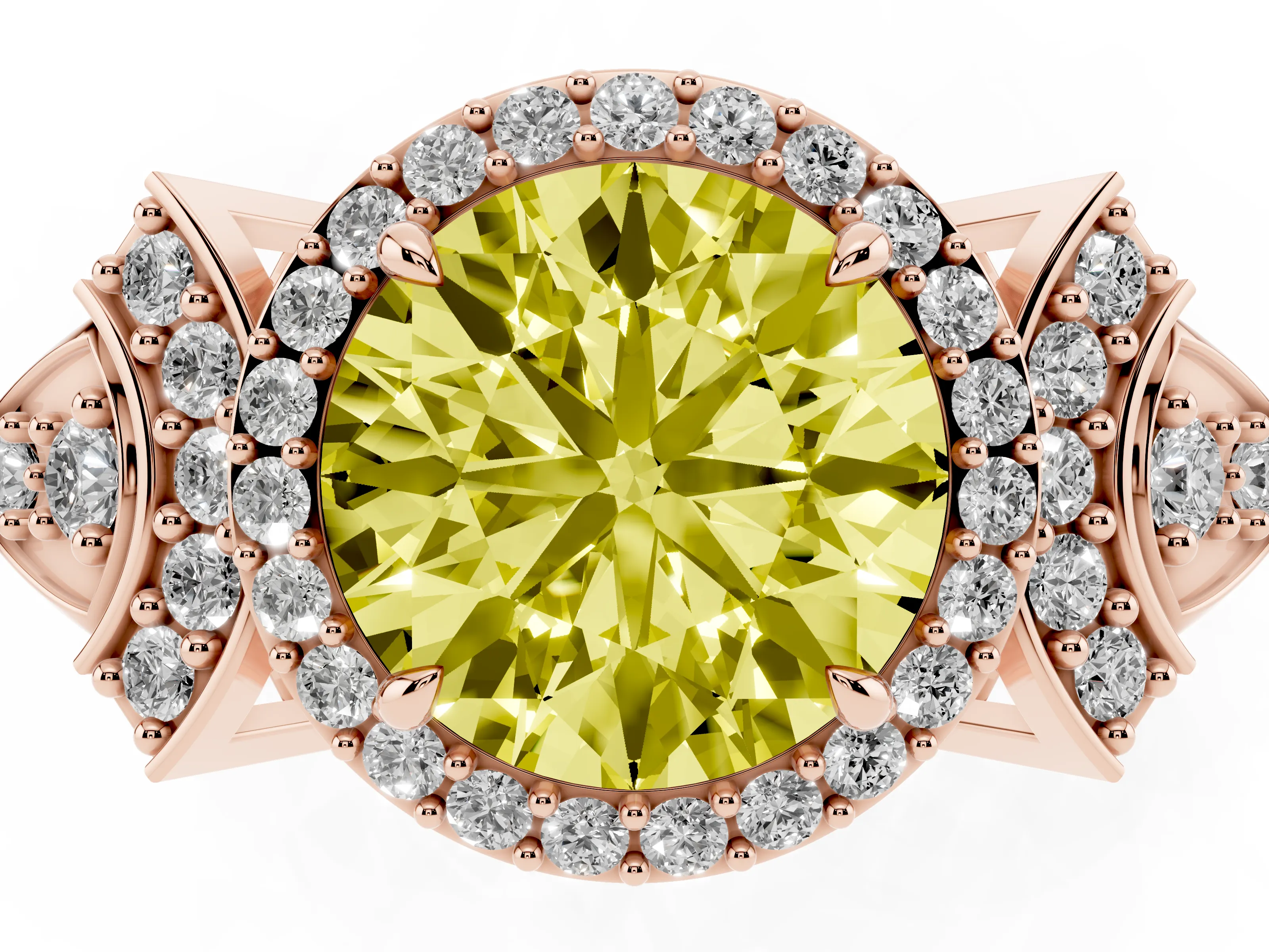 Fancy Yellow Round Cut Diamond Halo Engagement Ring Set in Rose gold with Accent Stone Split Shank