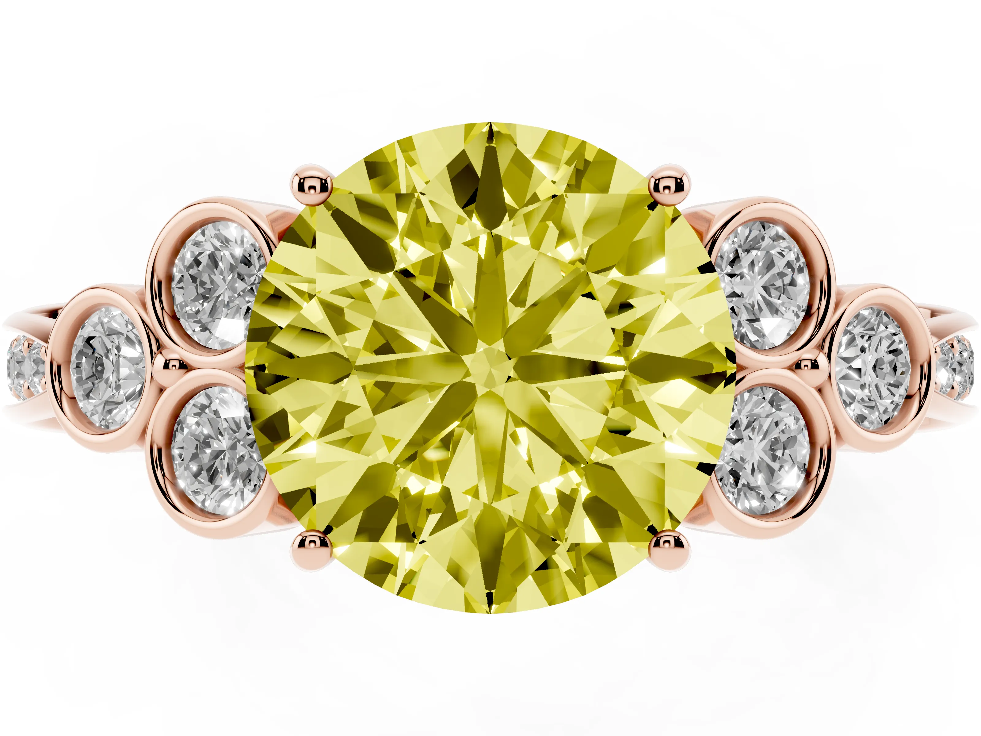 Fancy Yellow Round Cut Diamond Engagement Ring Set in Rose gold with Bezel Set Round Side Stones and Prong Setting