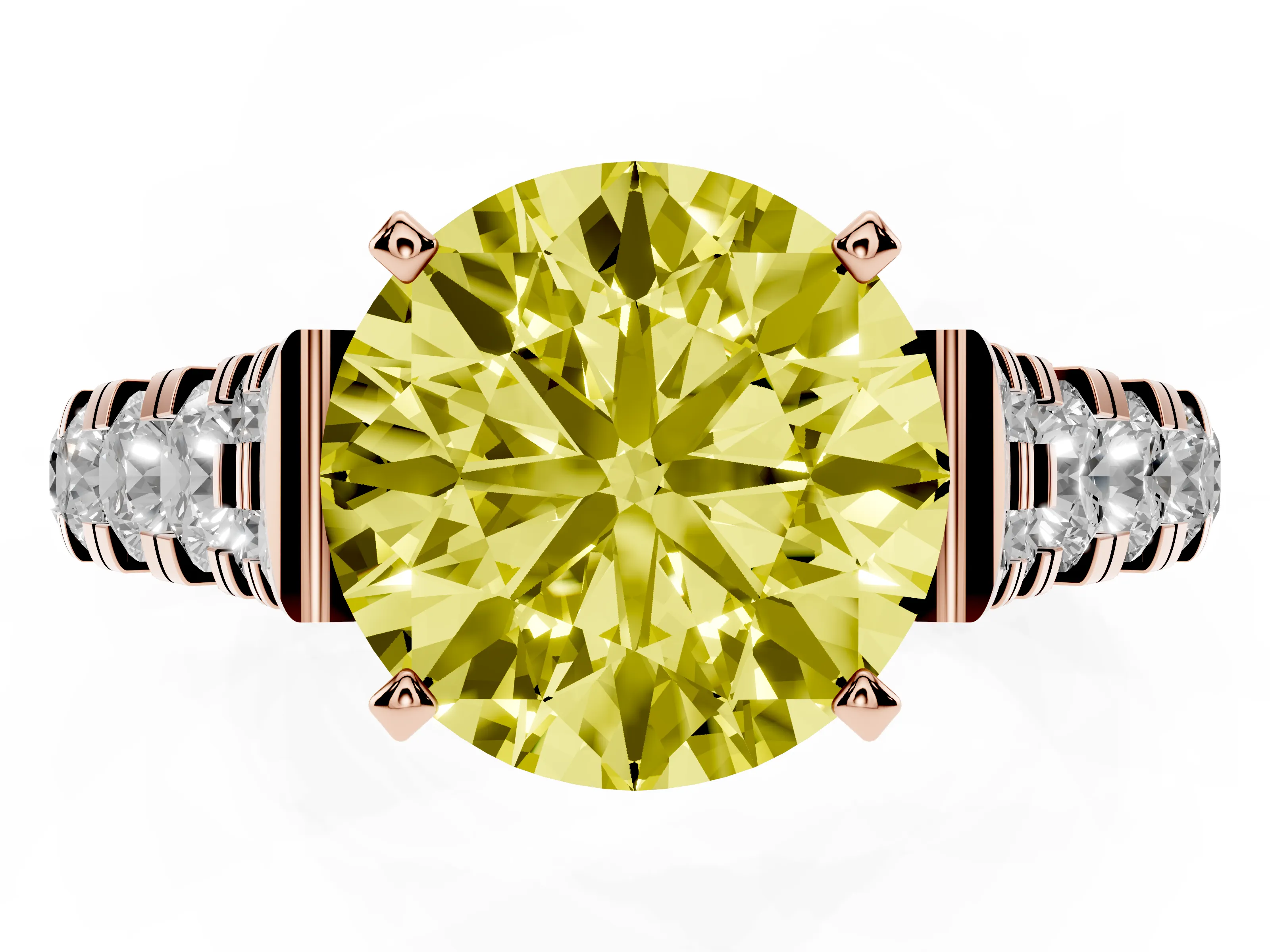 Fancy Yellow Round Cut Diamond Classic Solitaire Ring Set in Rose gold with Pavé Band and Prong Setting