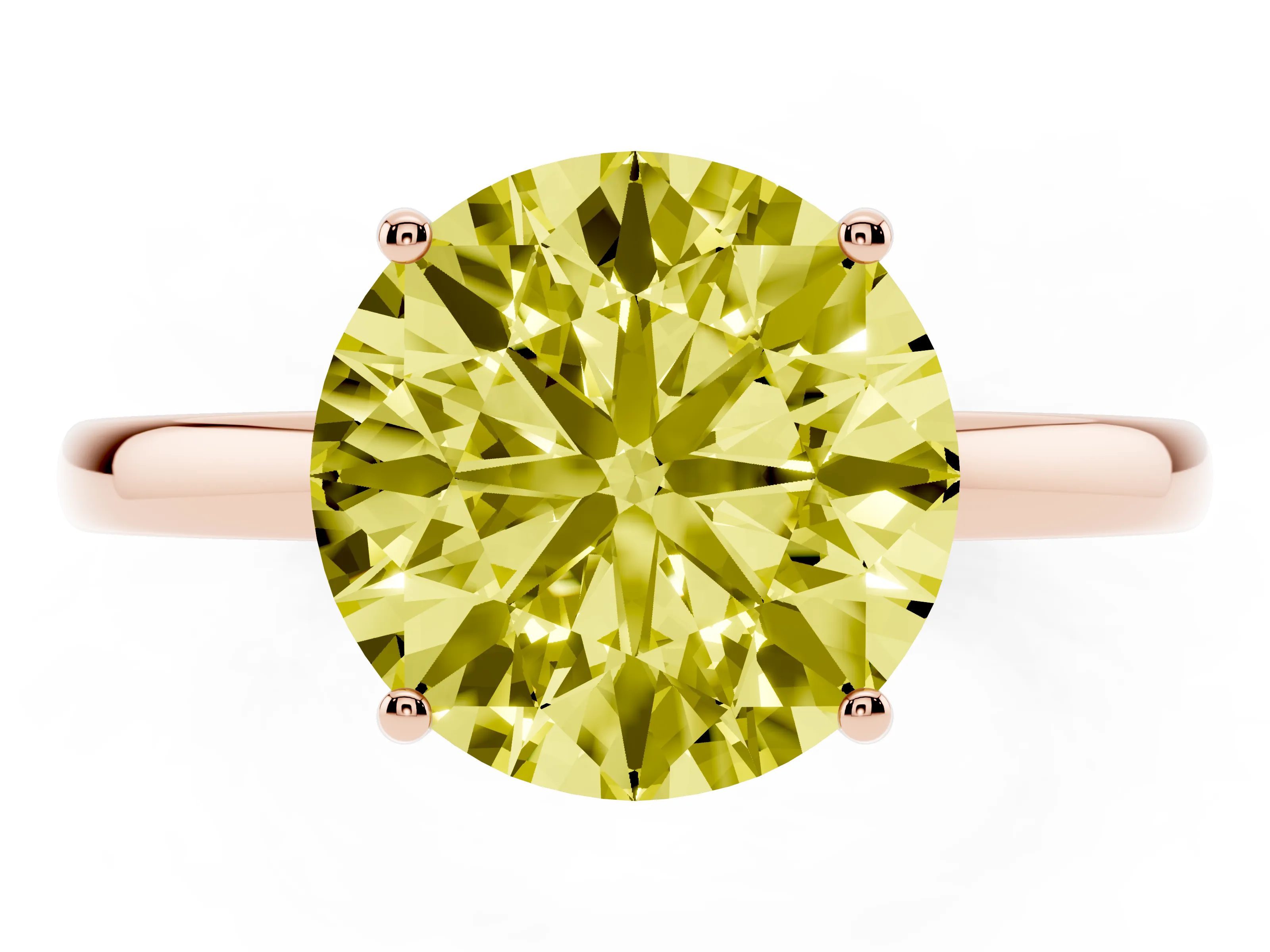 Fancy Yellow Round Cut Diamond Solitaire Ring Set in Rose gold with Plain Band and Prong Setting