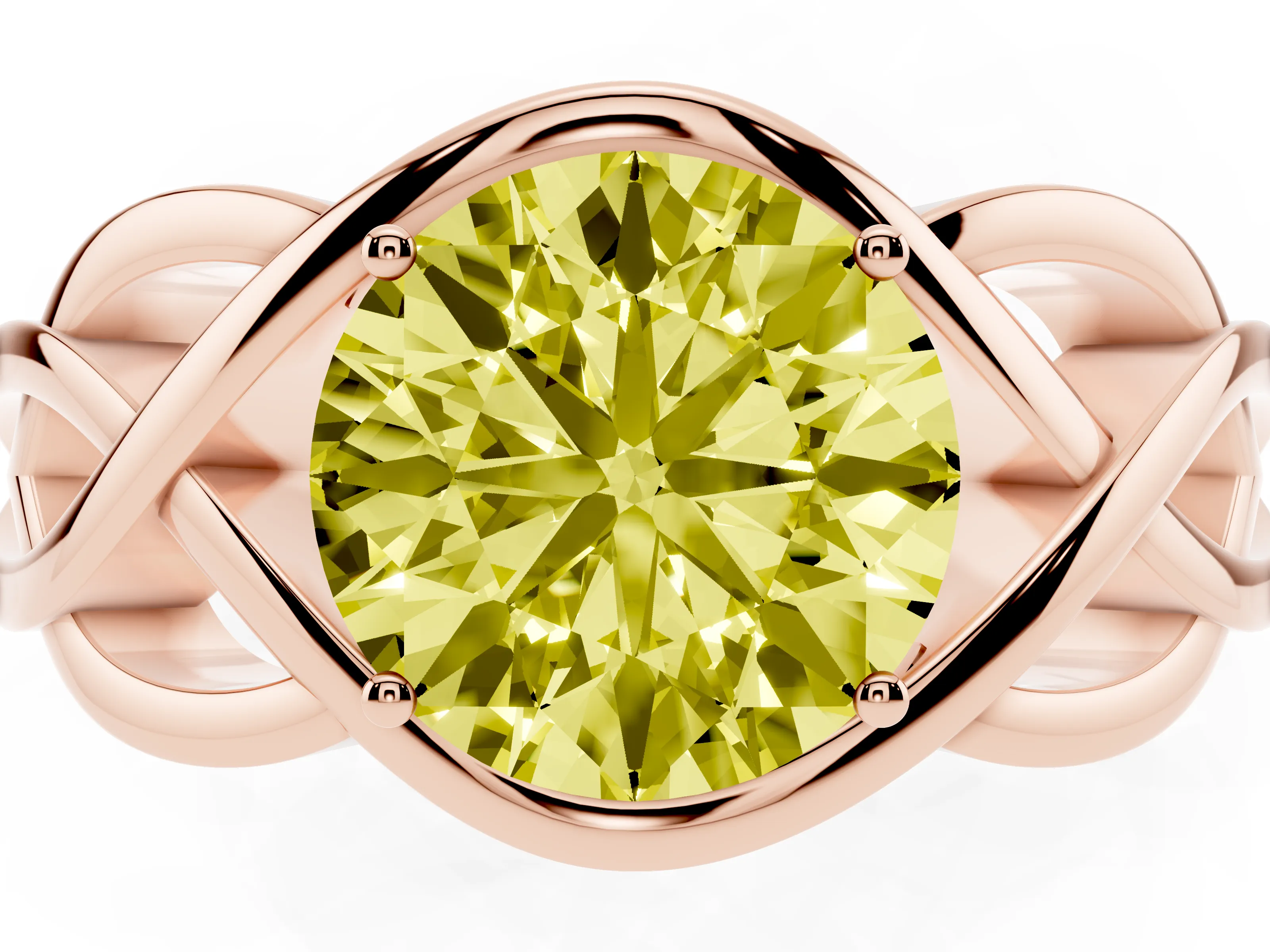 Fancy Yellow Round Cut Diamond Solitaire Ring Set in Rose gold with Intertwined Band
