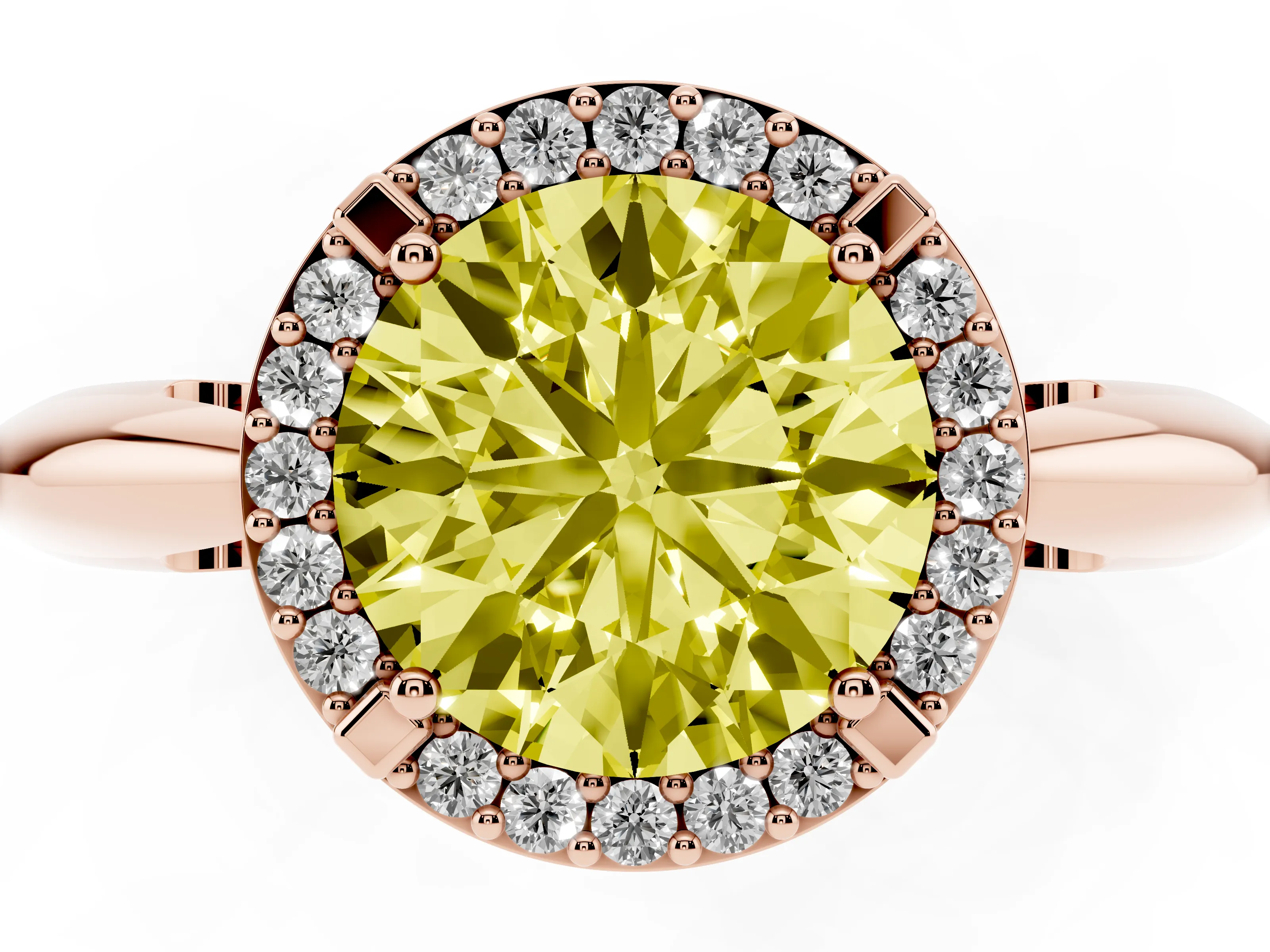 Fancy Yellow Round Cut Diamond Halo Engagement Ring Set in Rose gold with Plain Split Shank and Prong Setting