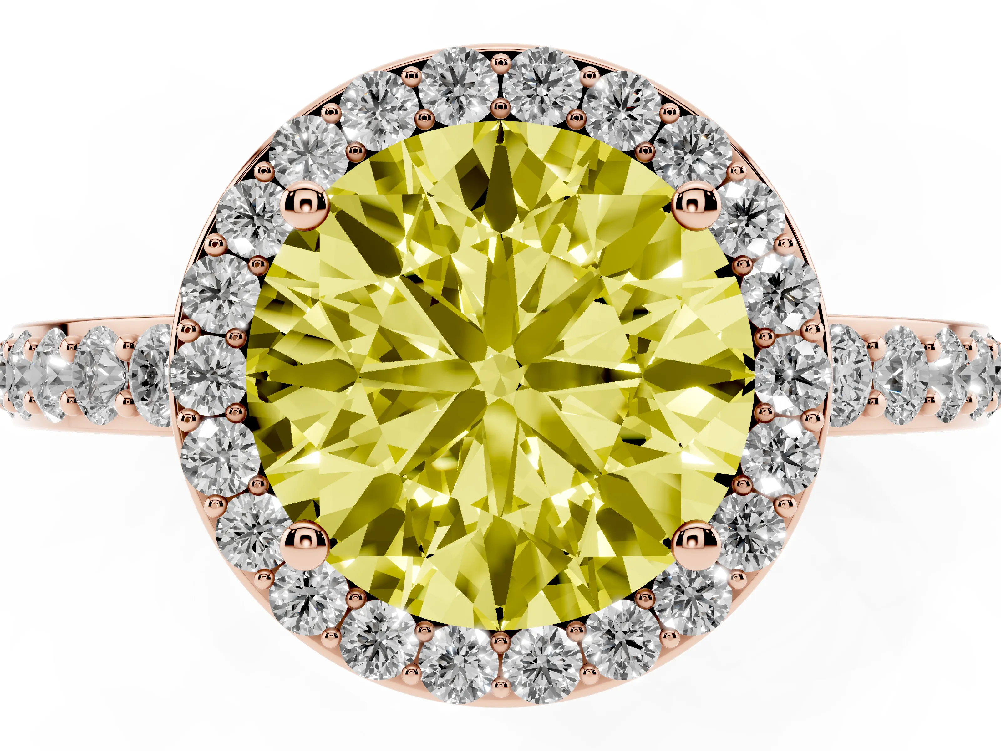 Fancy Yellow Round Cut Diamond Halo Ring Set in Rose gold with Pavé-Setting Band and Open Prong Center