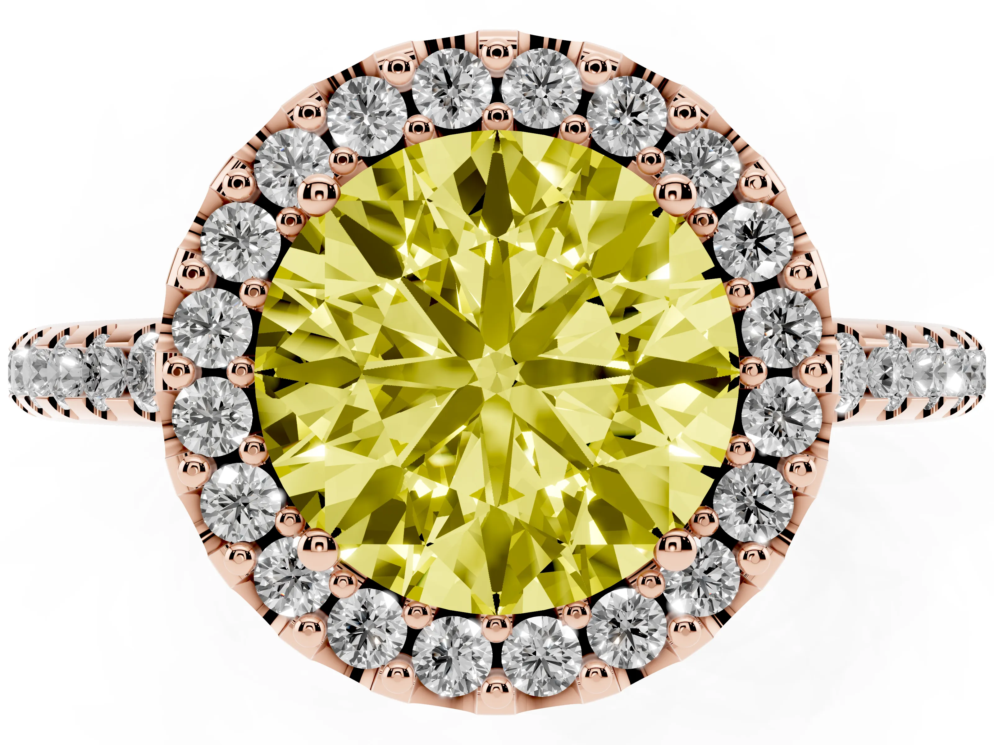 Fancy Yellow Round Cut Diamond Pavé Halo Ring Set in Rose gold with Prong Setting