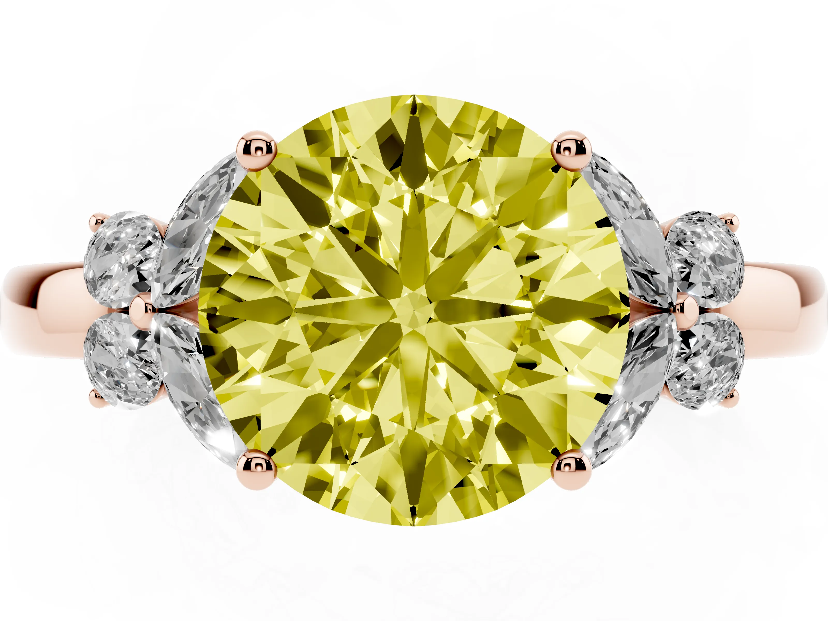 Fancy Yellow Round Cut Diamond Solitaire Floral Ring Set in Rose gold with Marquise Petals and Prong Setting