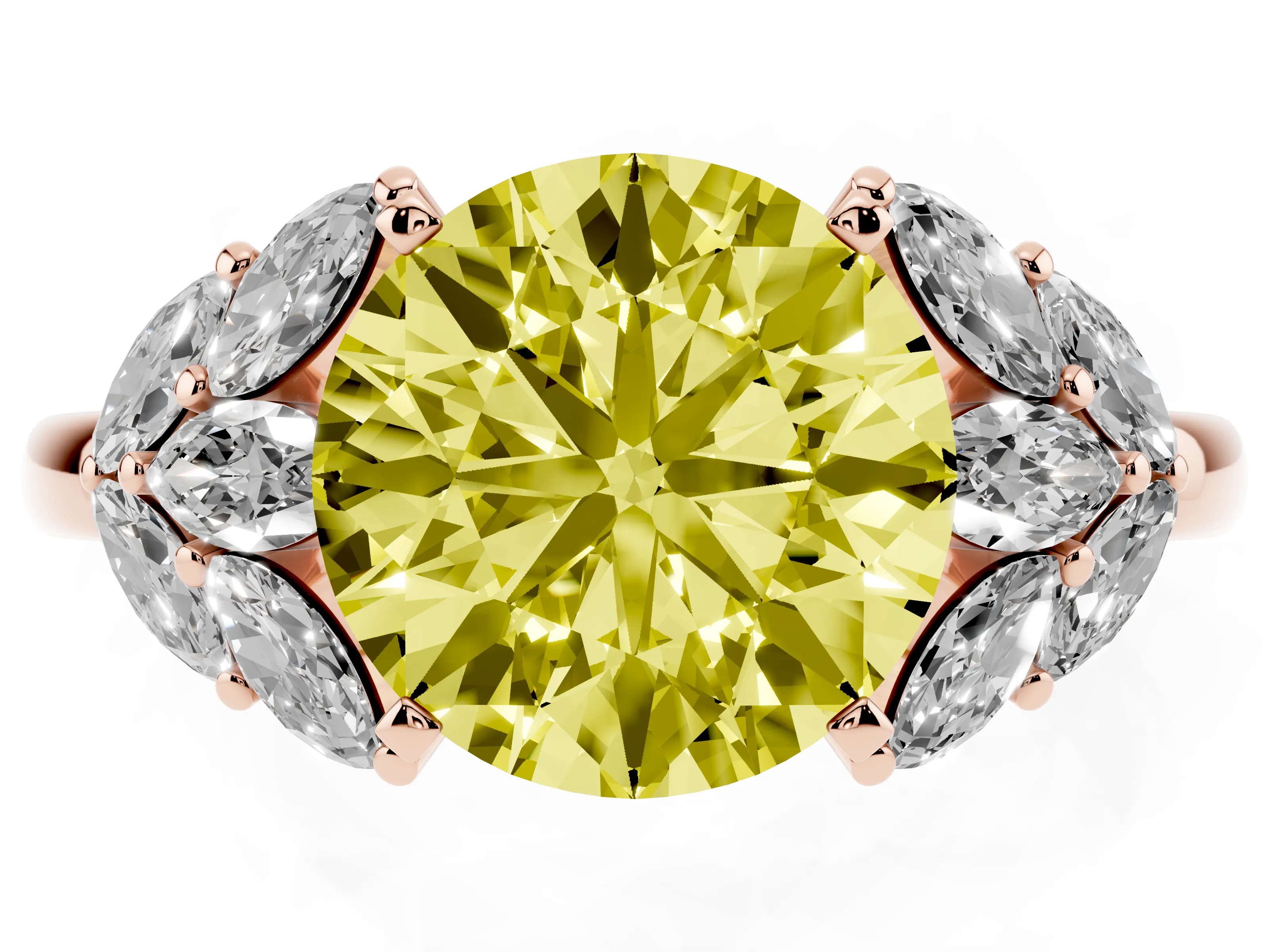Fancy Yellow Round Cut Diamond Cluster Leaf Design Ring Set in Rose gold with Prong Setting
