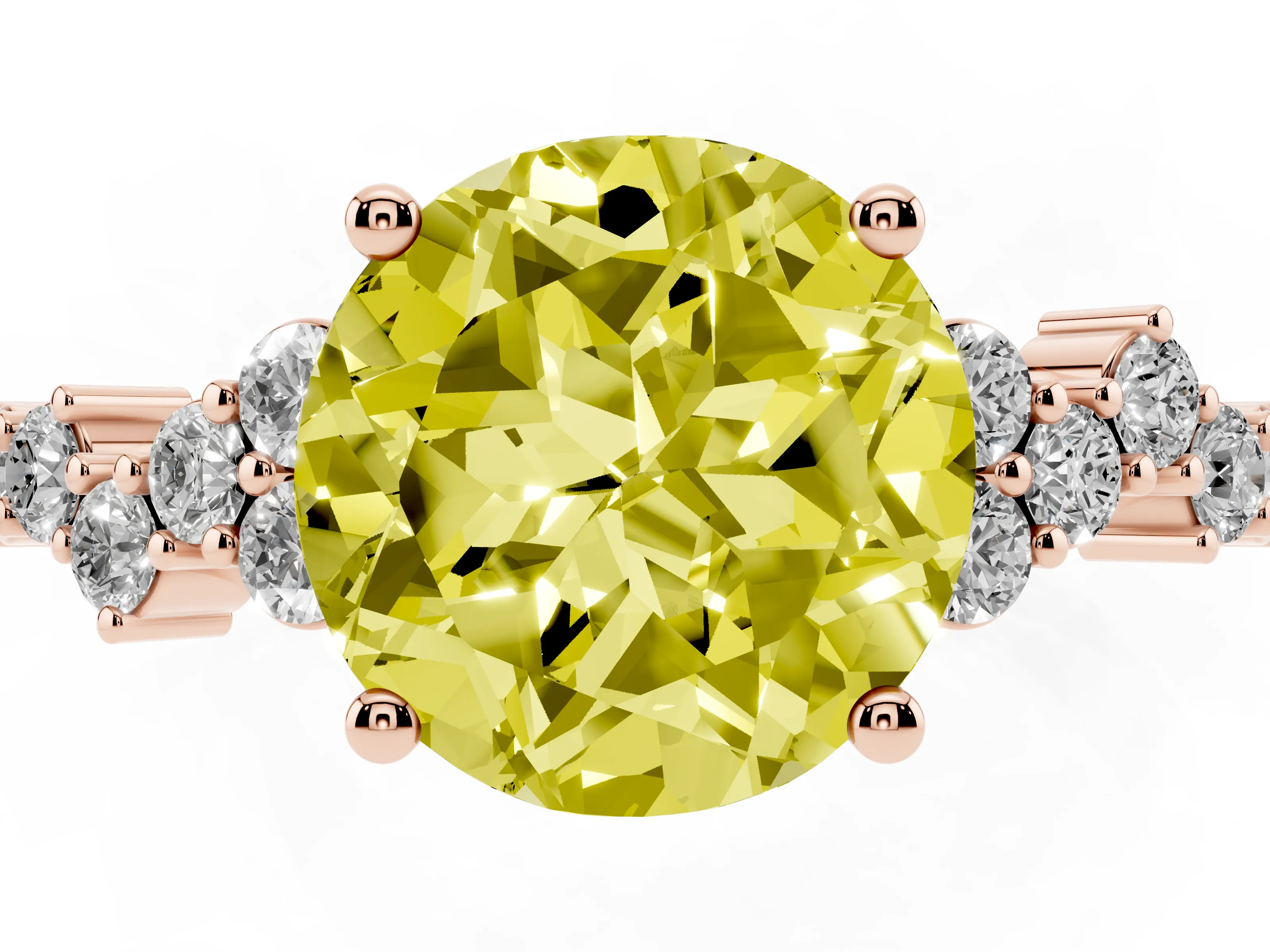 Fancy Yellow Round Cut Diamond Ring Set in Rose gold with Scattered Round Accents