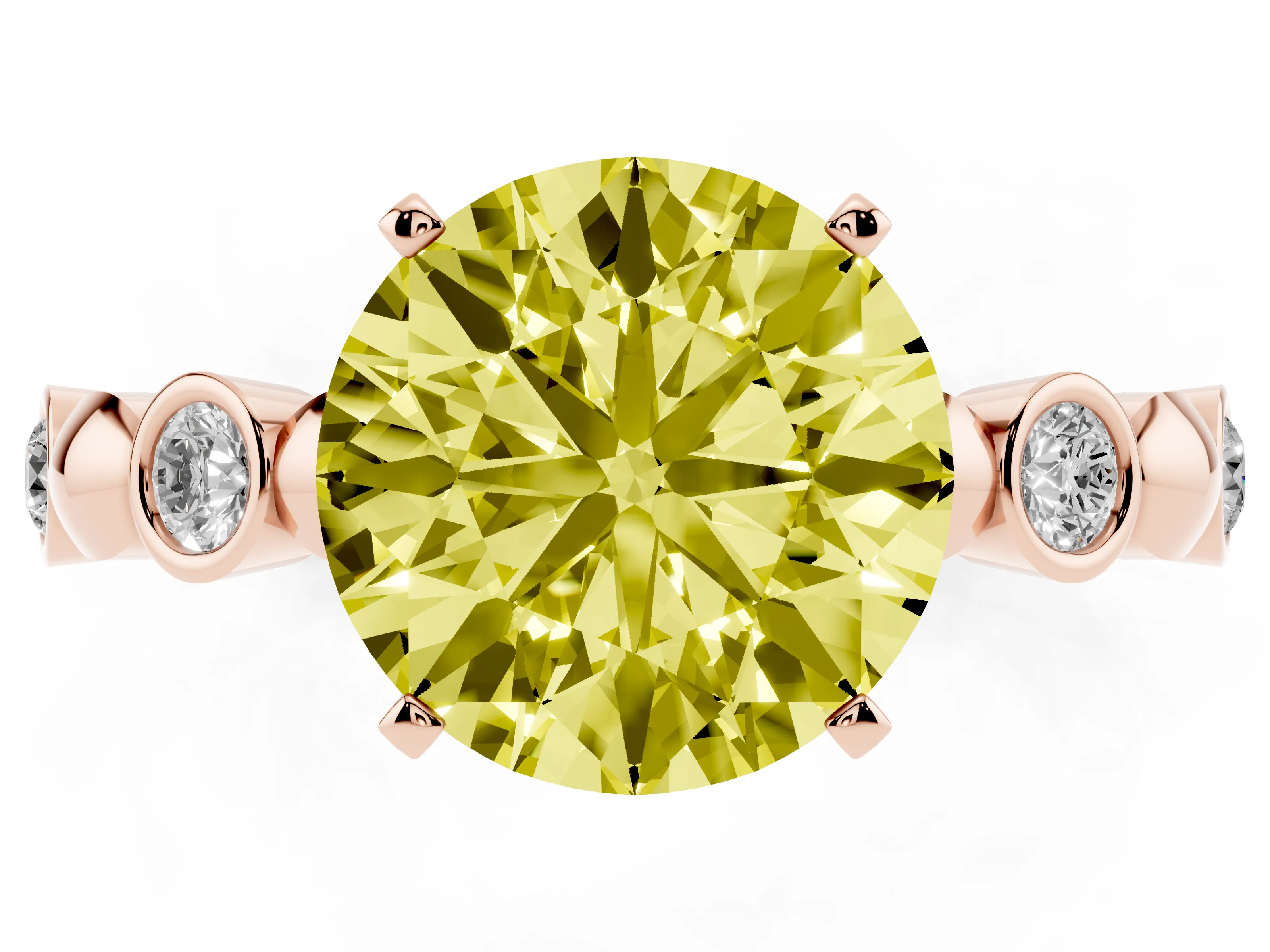 Fancy Yellow Round Cut Diamond Solitaire Ring Set in Rose gold with Bezel-Set Accents on Beaded Band and Prong Setting