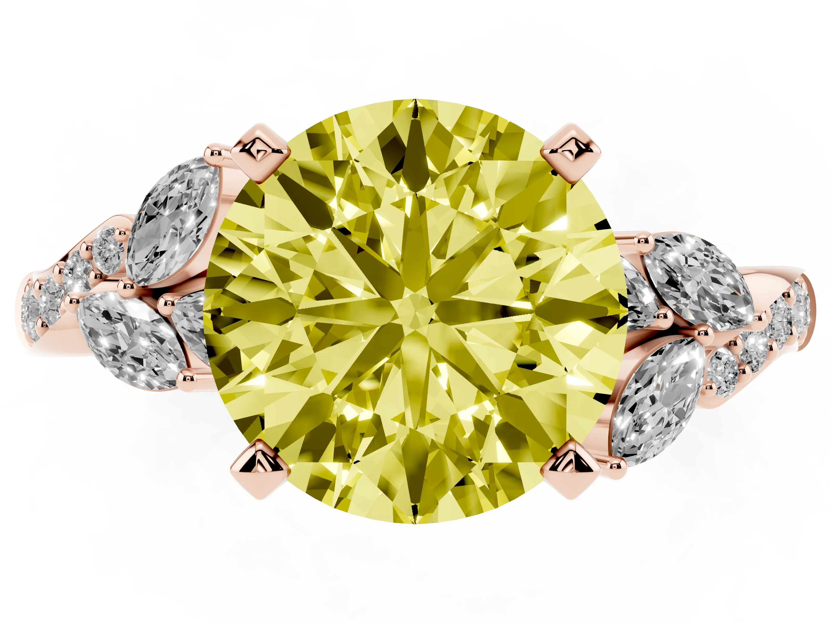 Fancy Yellow Round Cut Diamond Solitaire Ring Set in Rose gold with Marquise Twist Band and Prong Setting