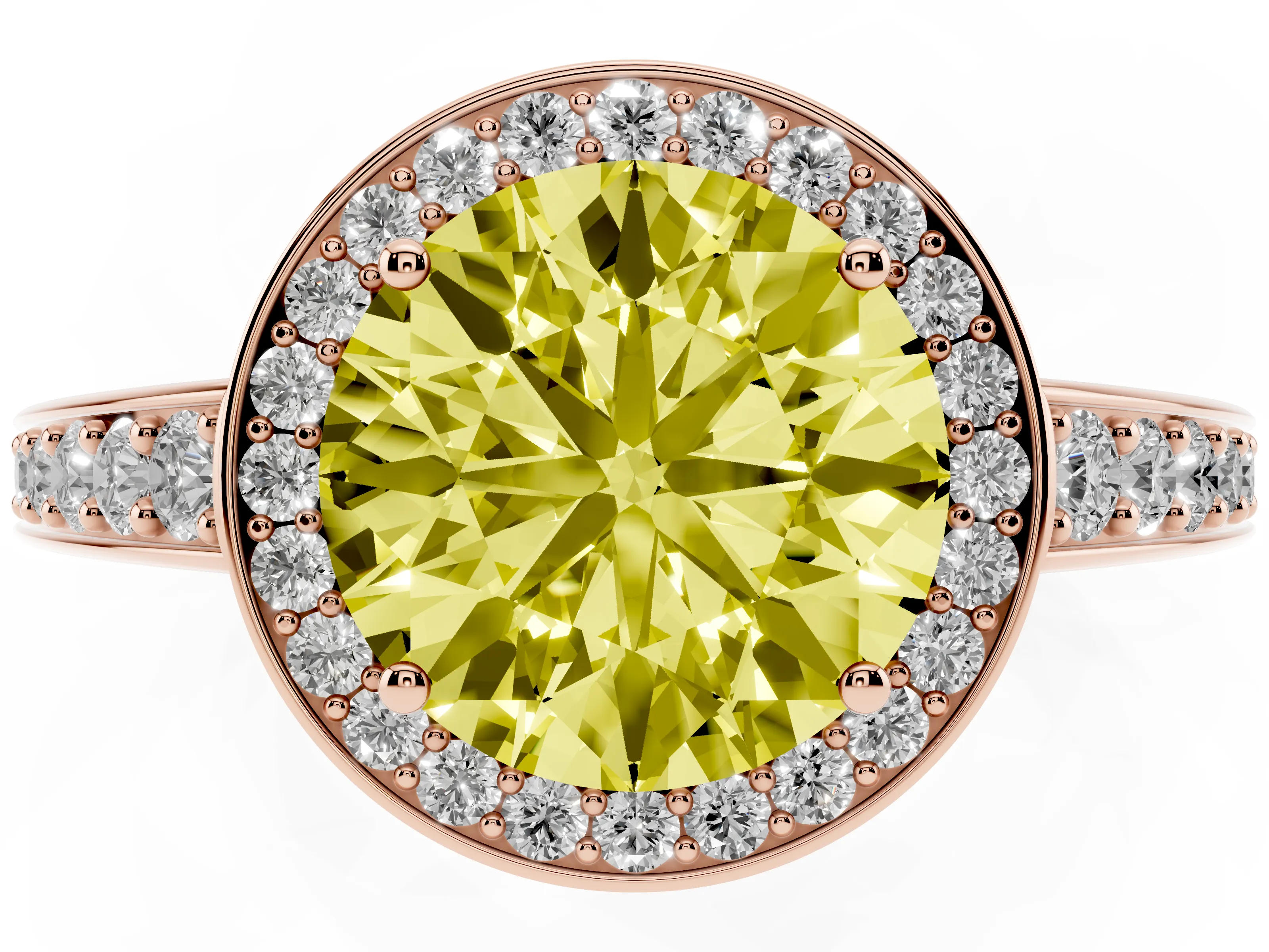 Fancy Yellow Round Cut Diamond Halo Pavé Engagement Ring Set in Rose gold with Bezel Setting