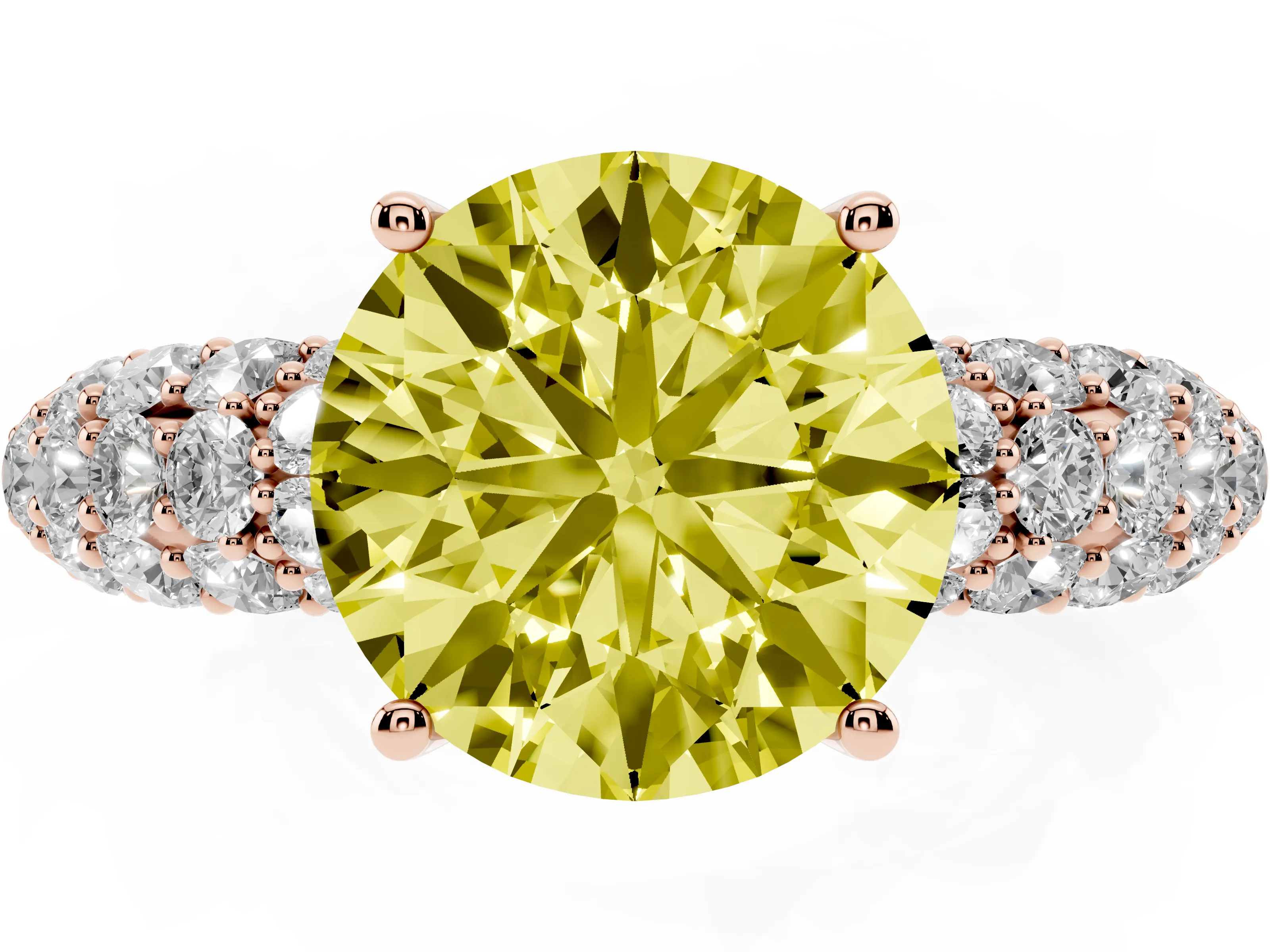 Fancy Yellow Round Cut Diamond Pavé Band Solitaire Ring Set in Rose gold with Close-Set Accent Stones and Prong Setting
