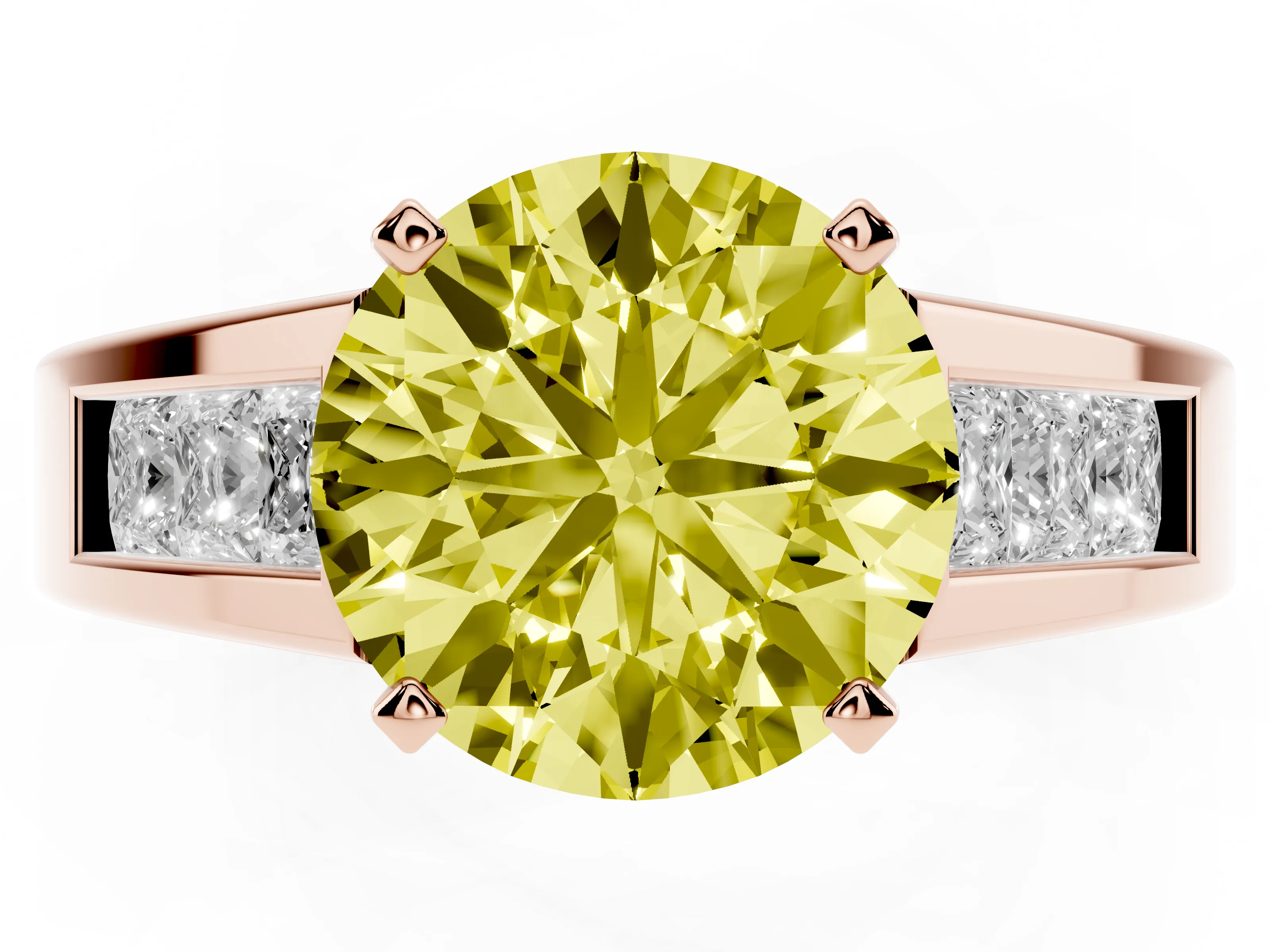Fancy Yellow Round Cut Diamond Solitaire Ring Set in Rose gold with Channel-Set Accent Stones and Prong Setting