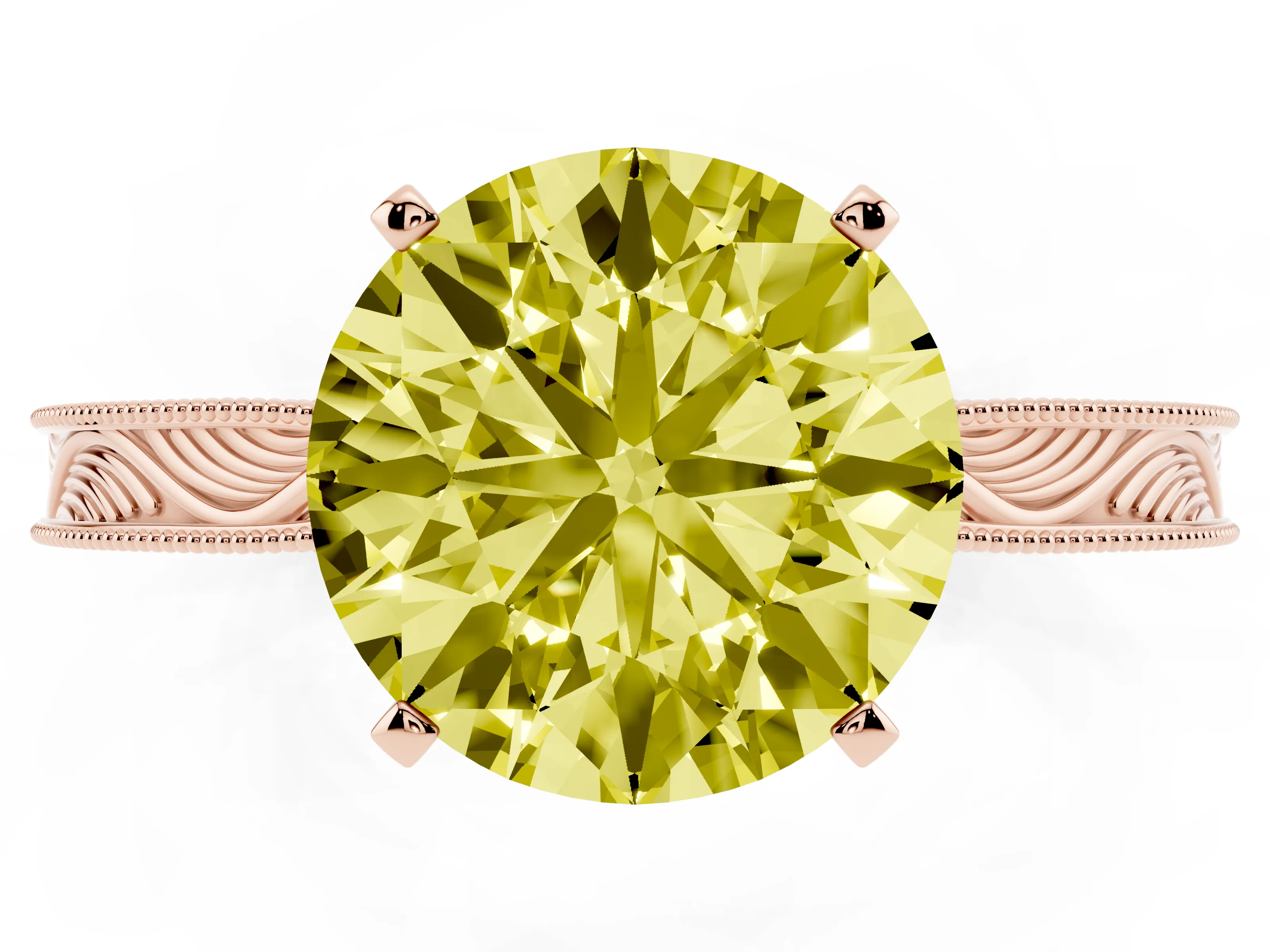 Fancy Yellow Round Cut Diamond Solitaire Milgrain Engraved Band Set in Rose gold with Prong Setting