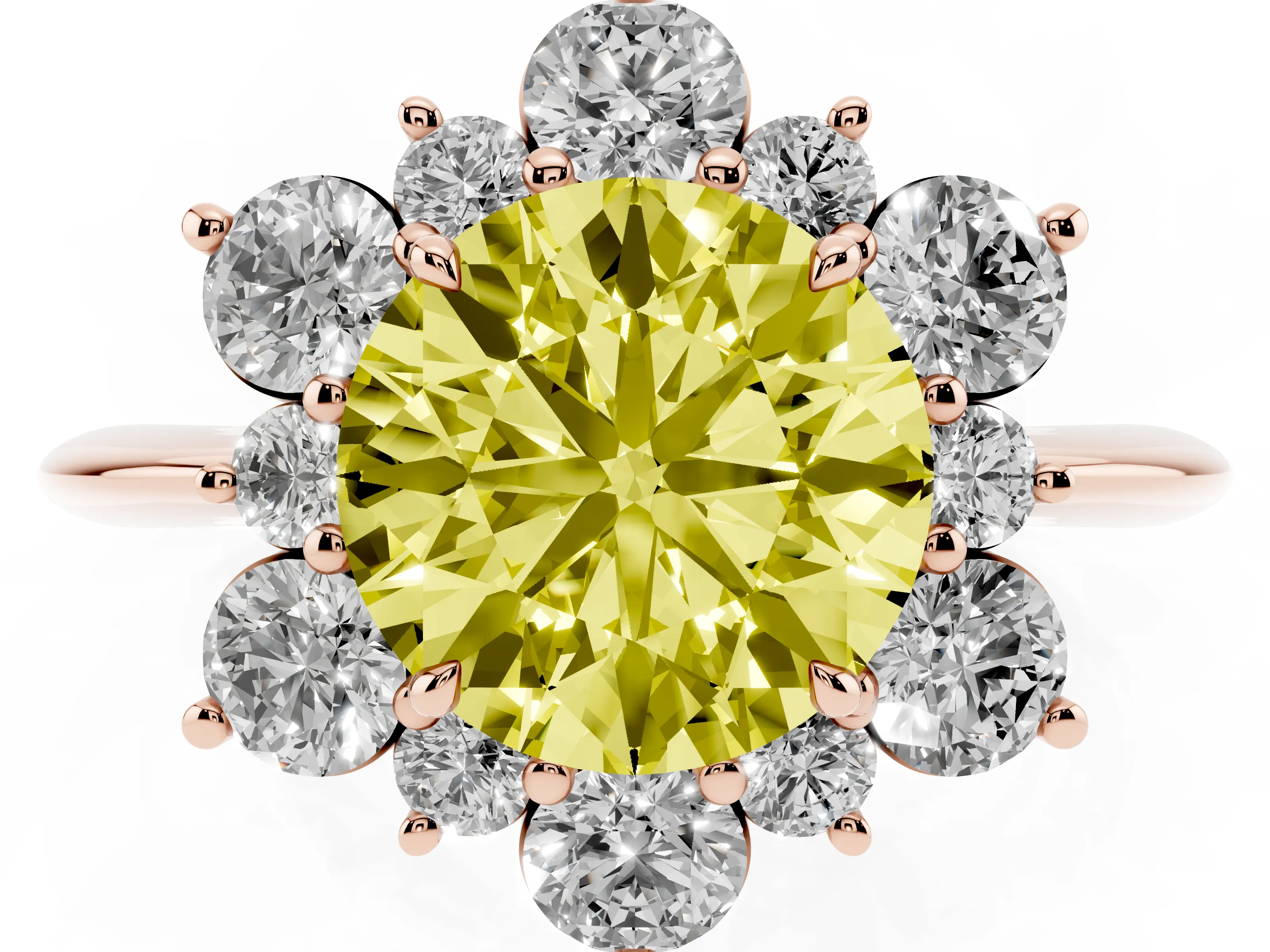 Fancy Yellow Round Cut Diamond Cluster Halo Ring Set in Rose gold with Solitaire Band and Prong Setting