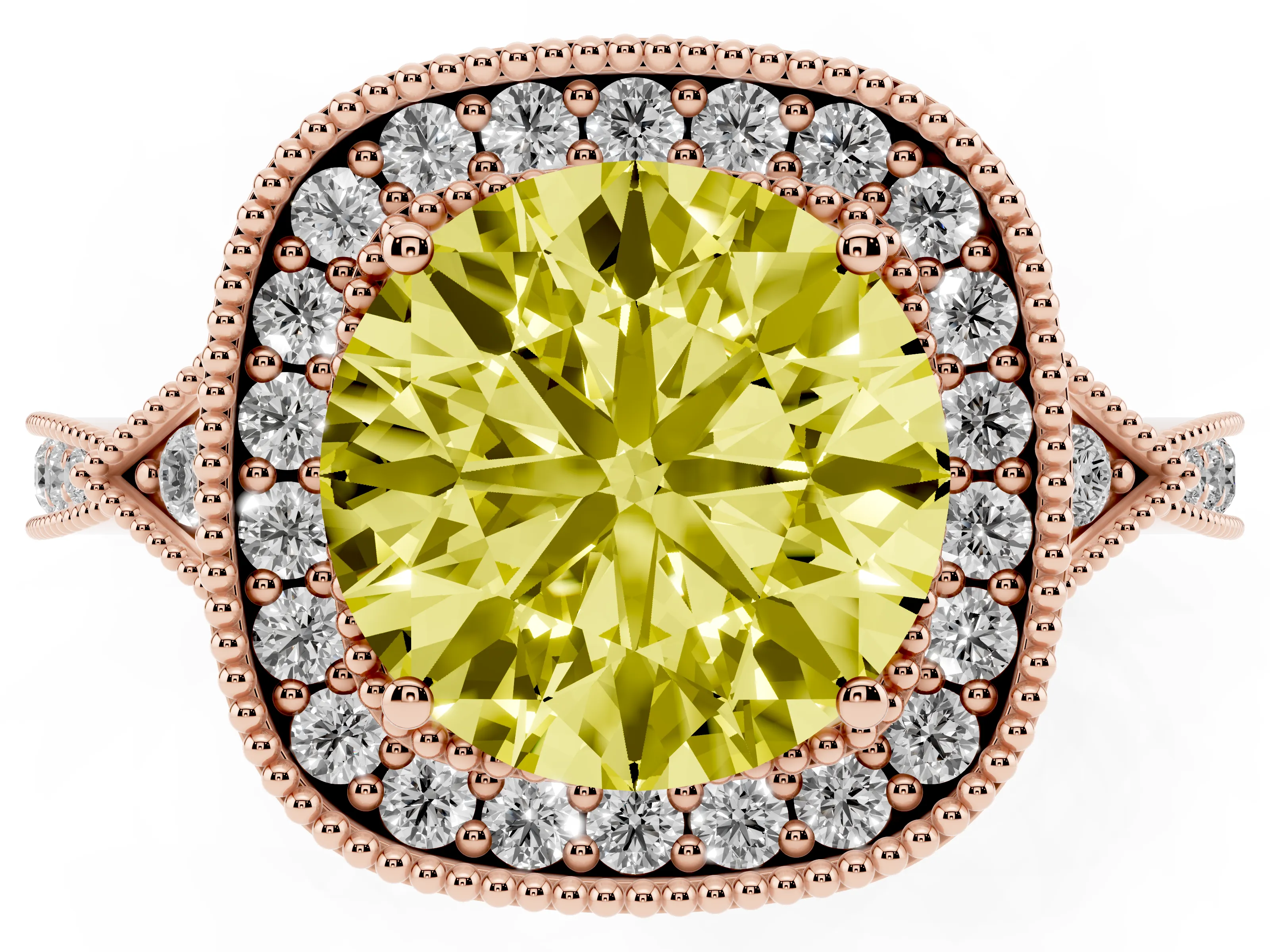 Fancy Yellow Round Cut Diamond Halo Engagement Ring Set in Rose gold with Milgrain Pavé Band
