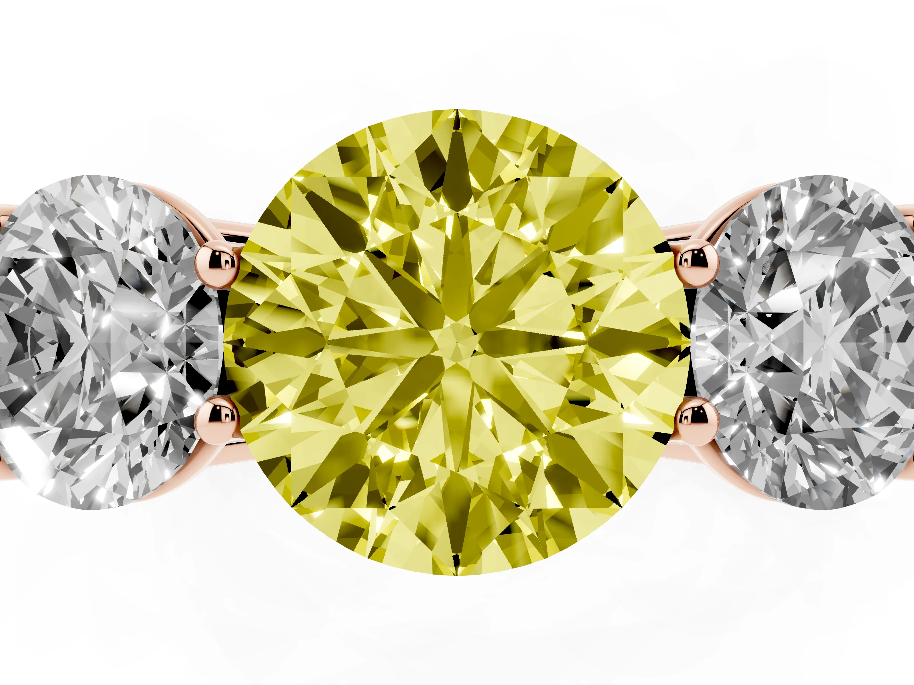 Fancy Yellow Round Cut Diamond Three-Stone Ring Set in Rose gold with Plain Polished Band