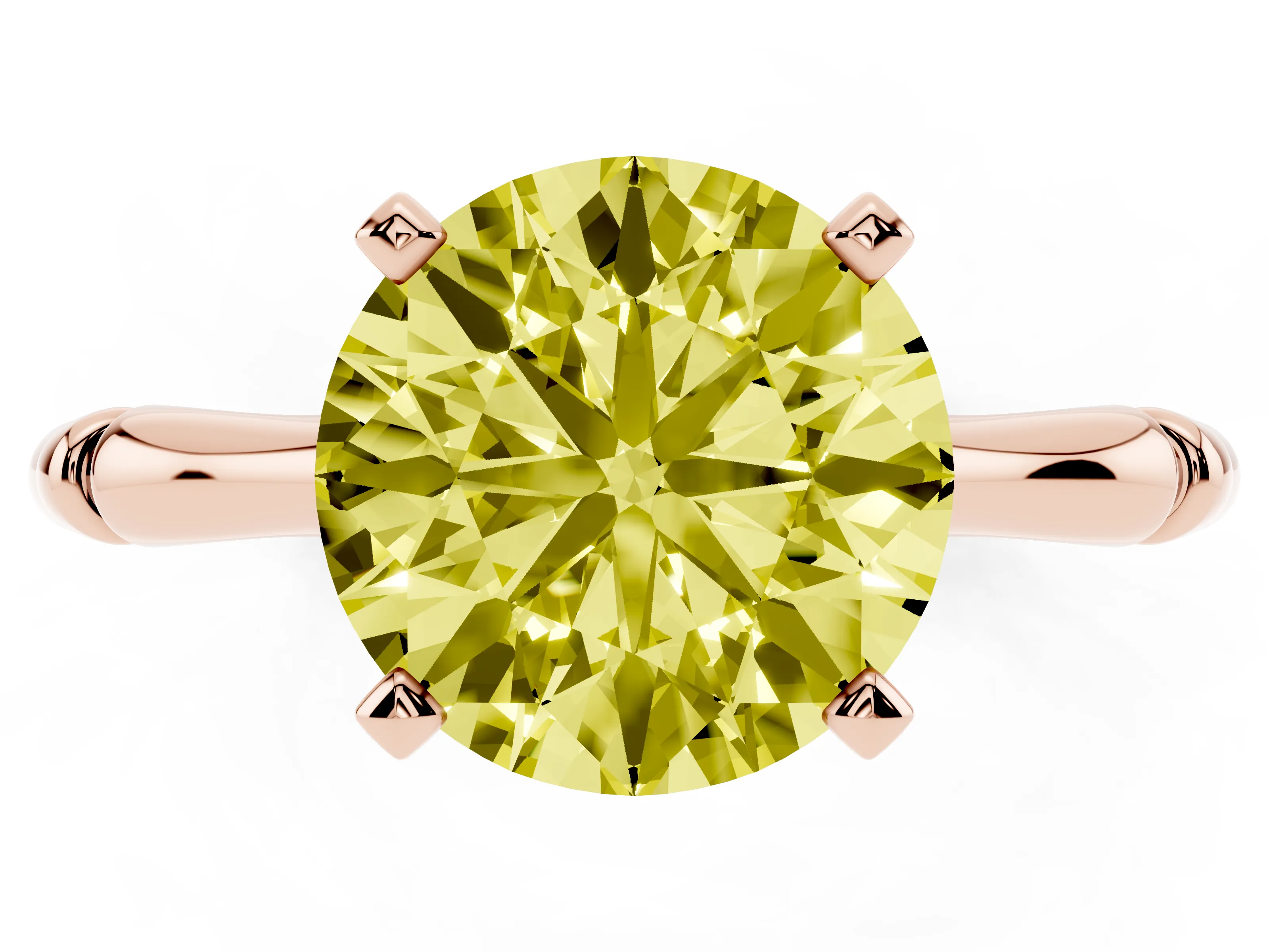 Fancy Yellow Round Cut Diamond Solitaire Ring Set in Rose gold with Bamboo Band and Prong Setting