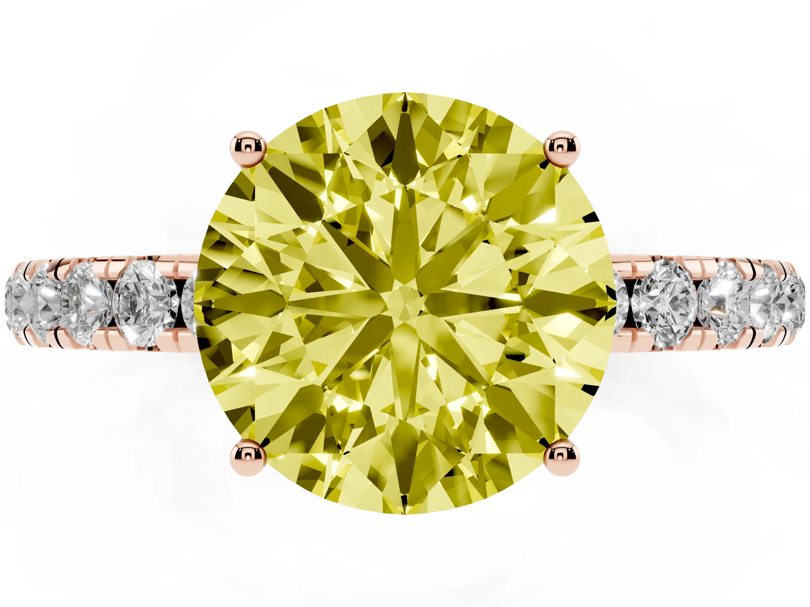 Fancy Yellow Round Cut Diamond Pavé Solitaire Engagement Ring Set in Rose gold with Prong Setting