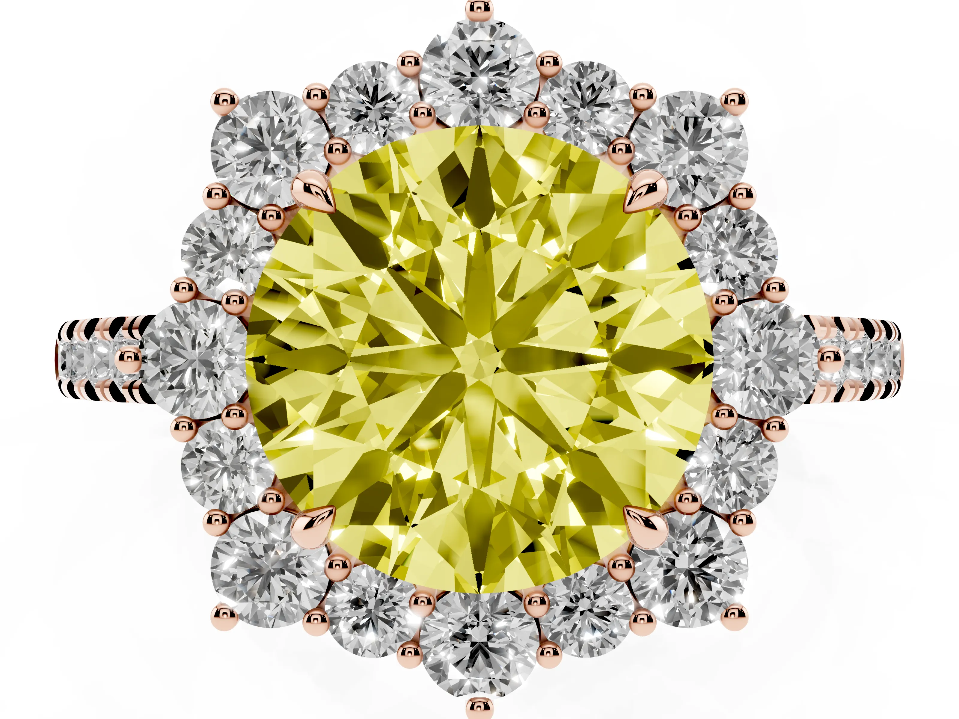 Fancy Yellow Round Cut Diamond Halo Ring Set in Rose gold with Pavé Band and Prong Setting