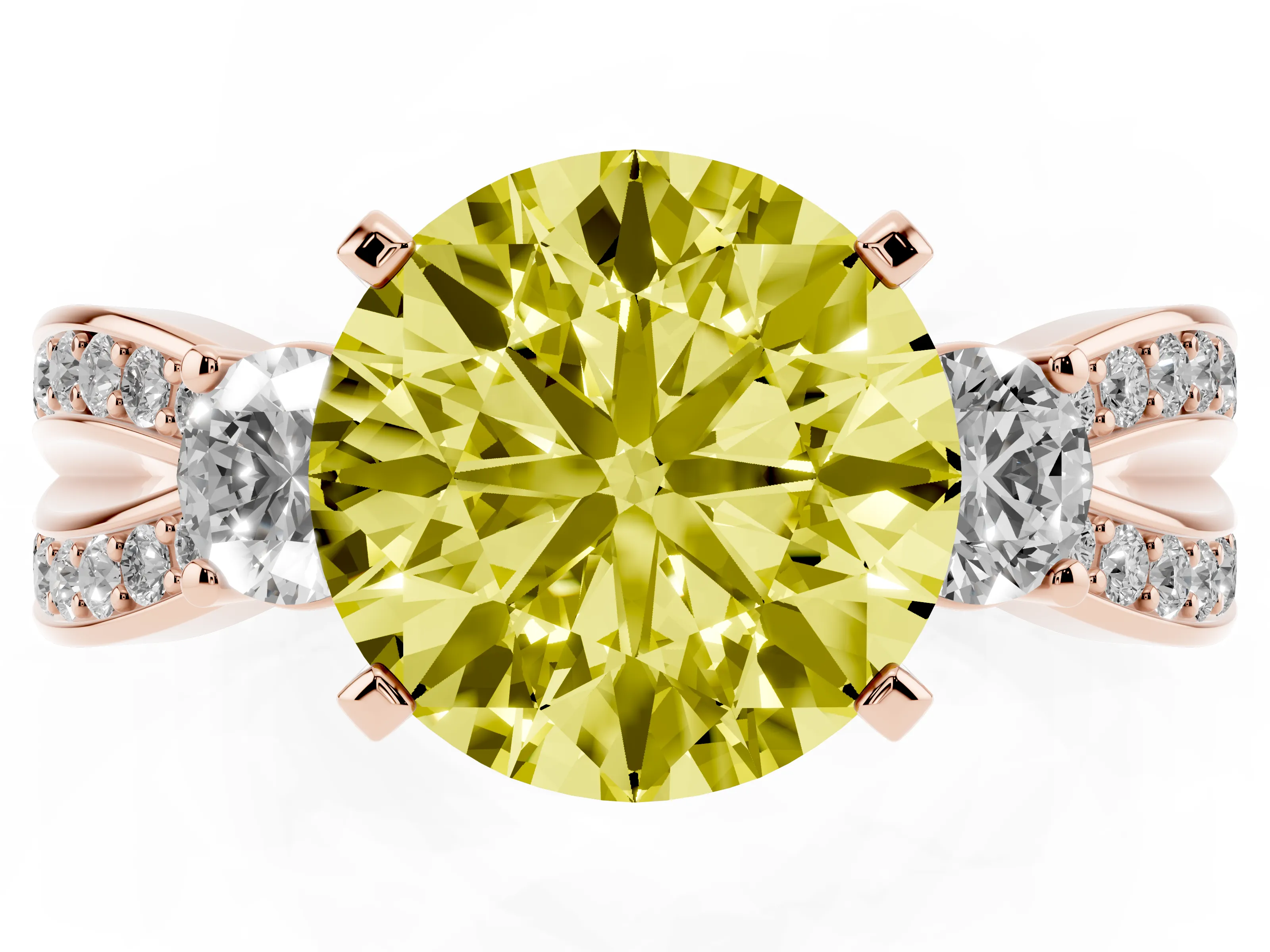 Fancy Yellow Three-Stone Round Cut Diamond Twist Band Ring Set in Rose gold with Pavé Accents and Prong Setting