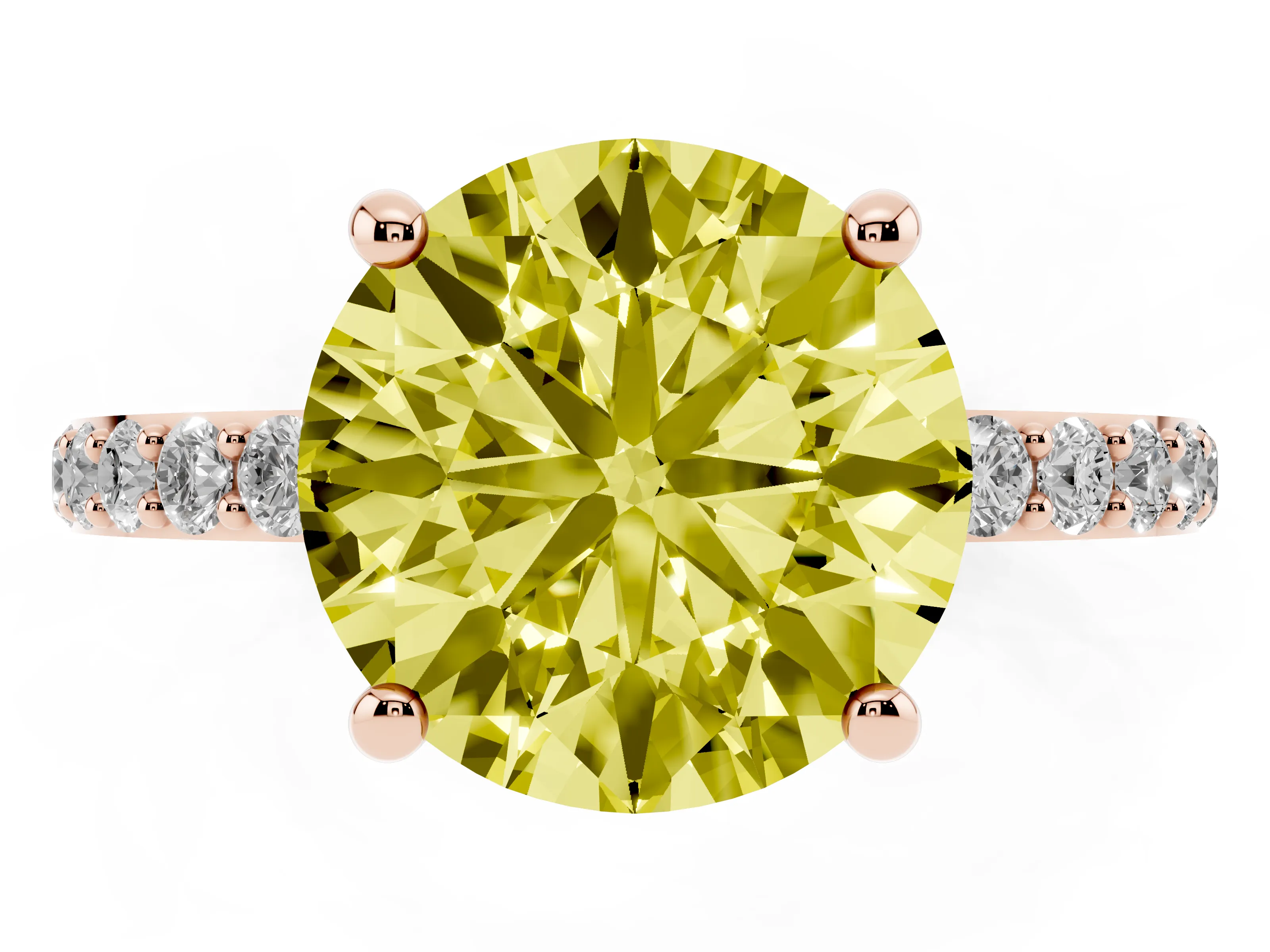 Fancy Yellow Round Cut Diamond Solitaire Ring Set in Rose gold with Round Pavé Band and Prong Setting