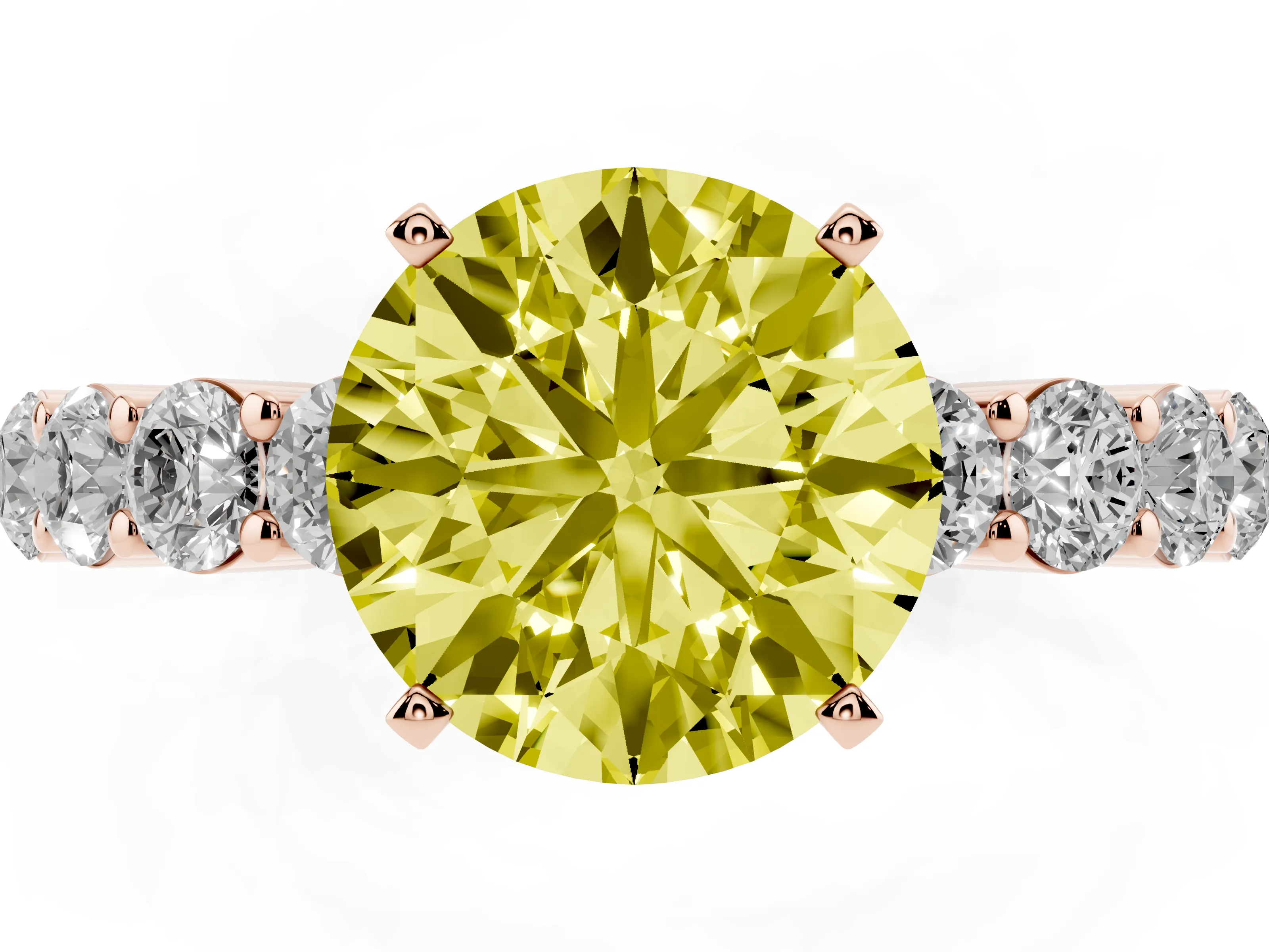 Fancy Yellow Round Cut Diamond Solitaire Ring Set in Rose gold with Shared Prong Round Side Stones