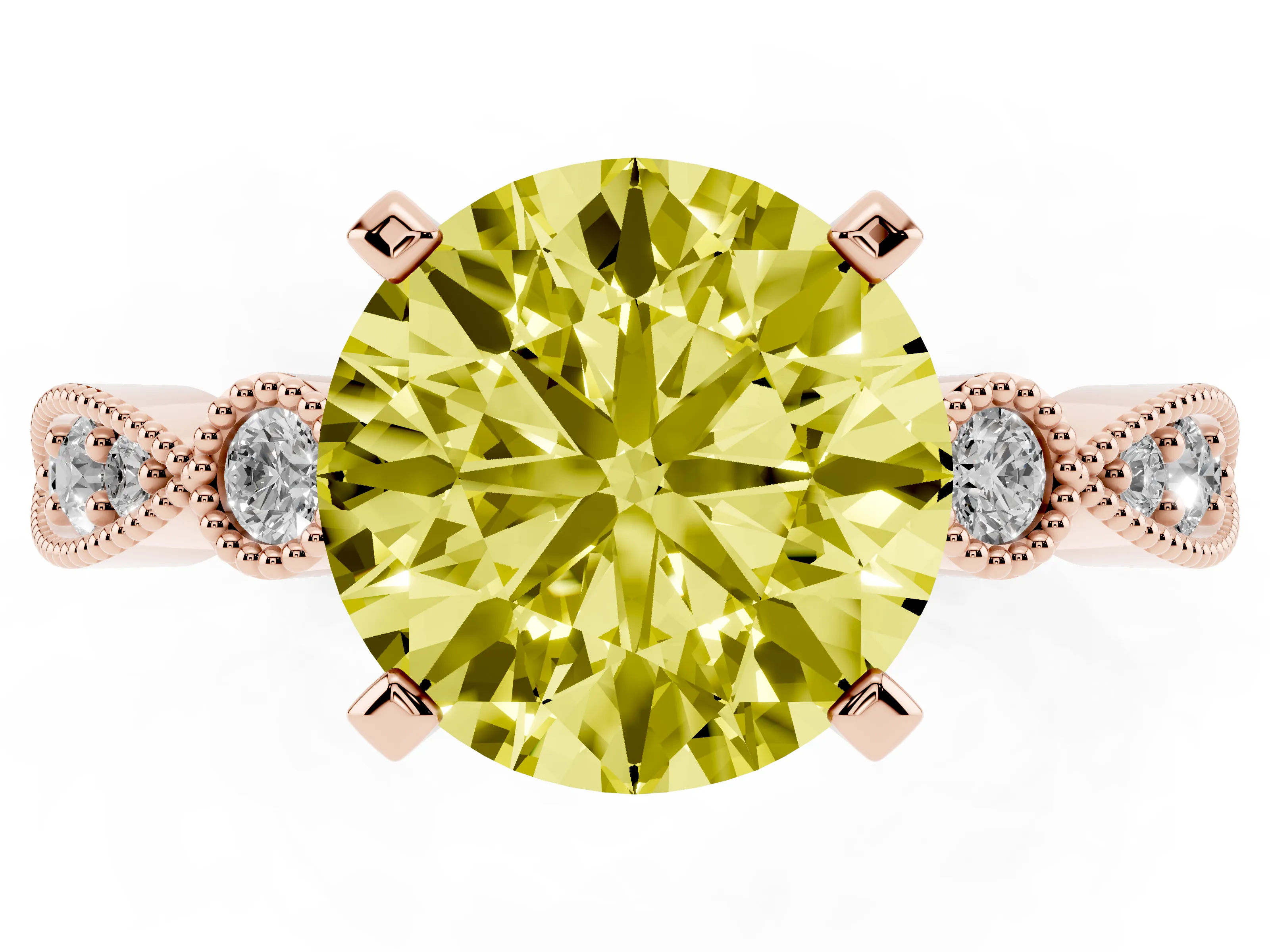 Fancy Yellow Round Cut Diamond Solitaire Engagement Ring Set in Rose gold with Milgrain Bezel Accent Band