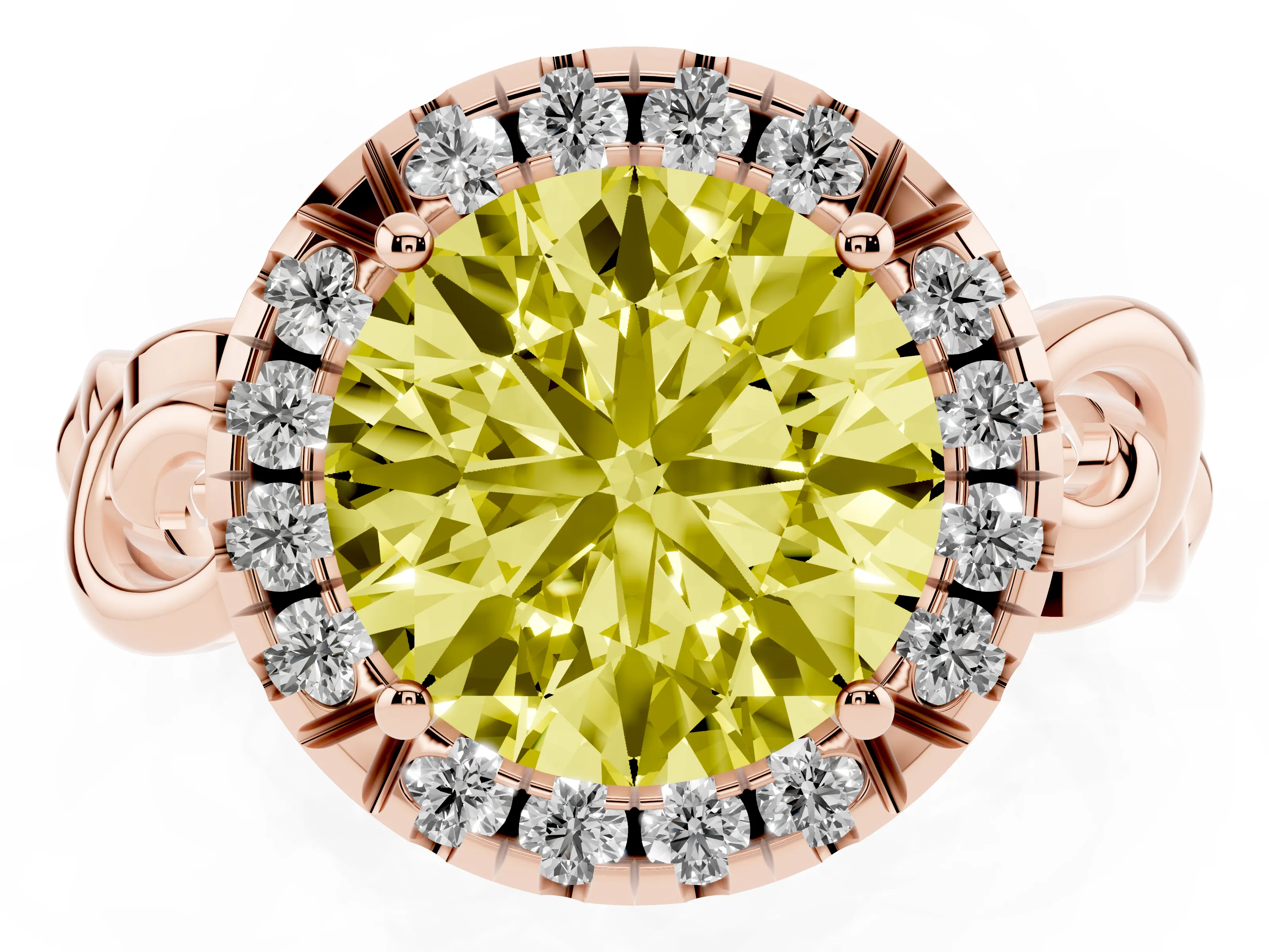 Fancy Yellow Round Cut Diamond Halo Ring Set in Rose gold with Scrollwork Band and Prong Setting