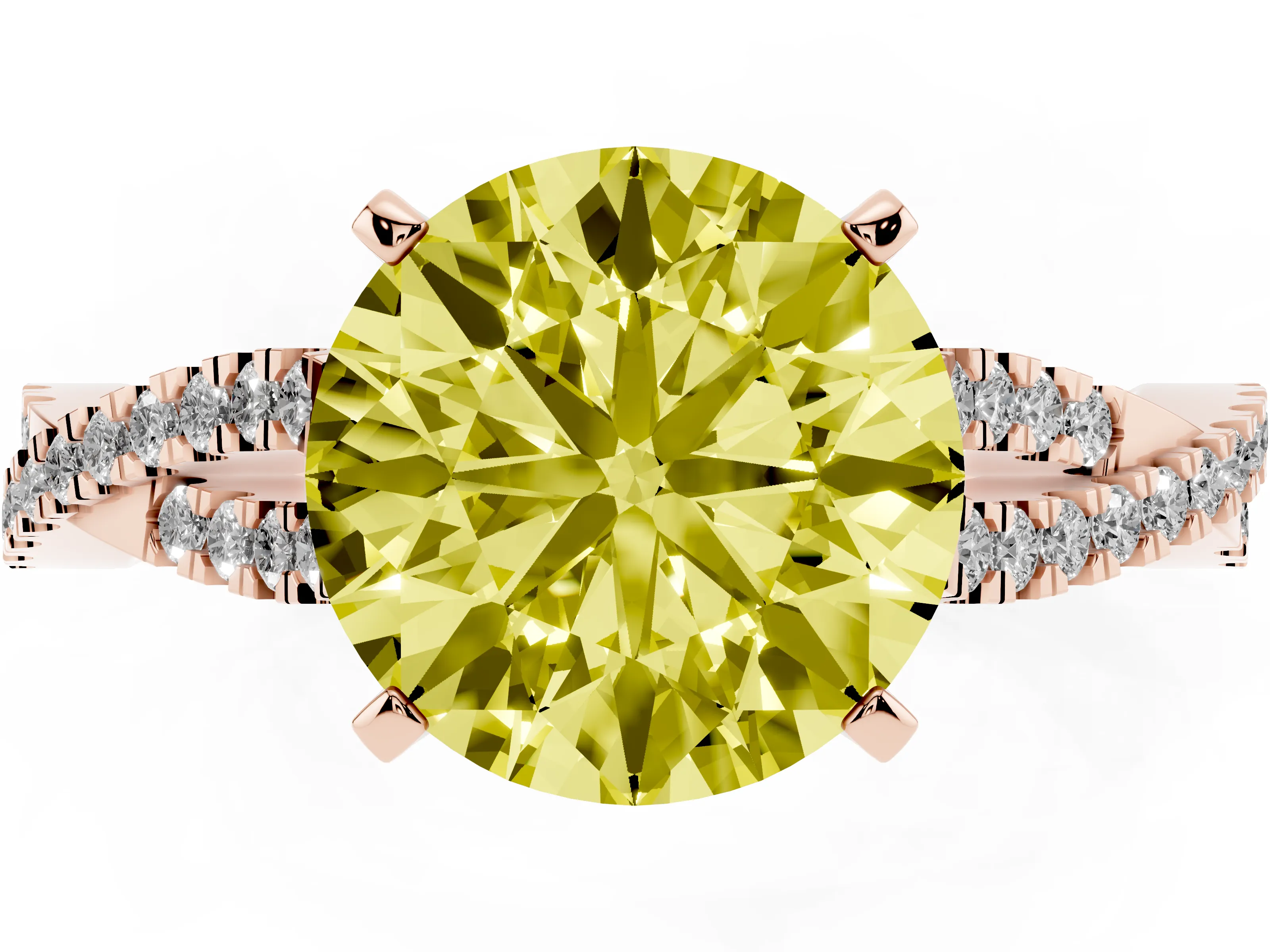 Fancy Yellow Round Cut Diamond Solitaire Engagement Ring Set in Rose gold with Twisted Pavé Band and Prong Setting