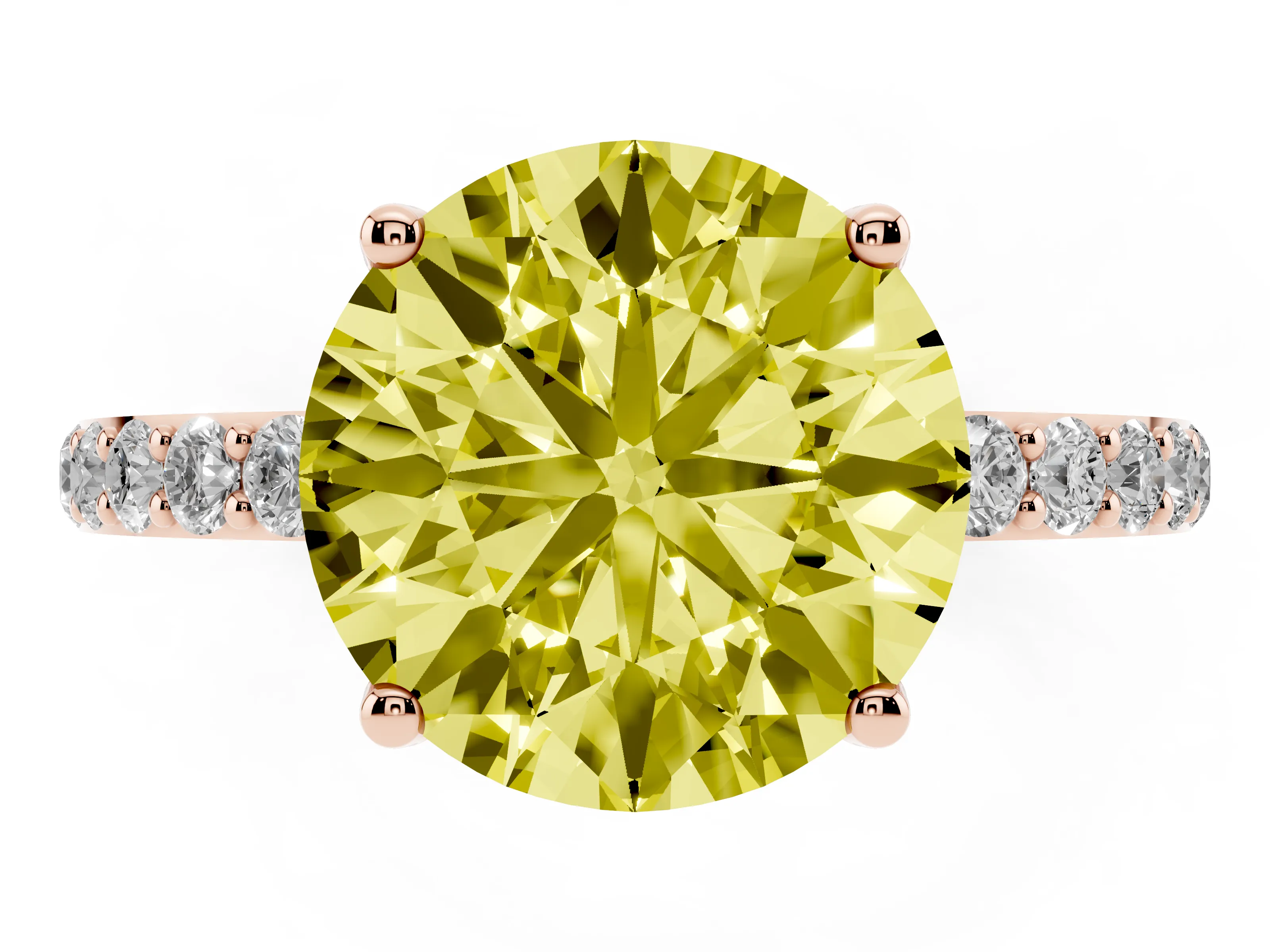 Fancy Yellow Round Cut Diamond Solitaire Engagement Ring Set in Rose gold with Round Pavé Band and Prong Setting