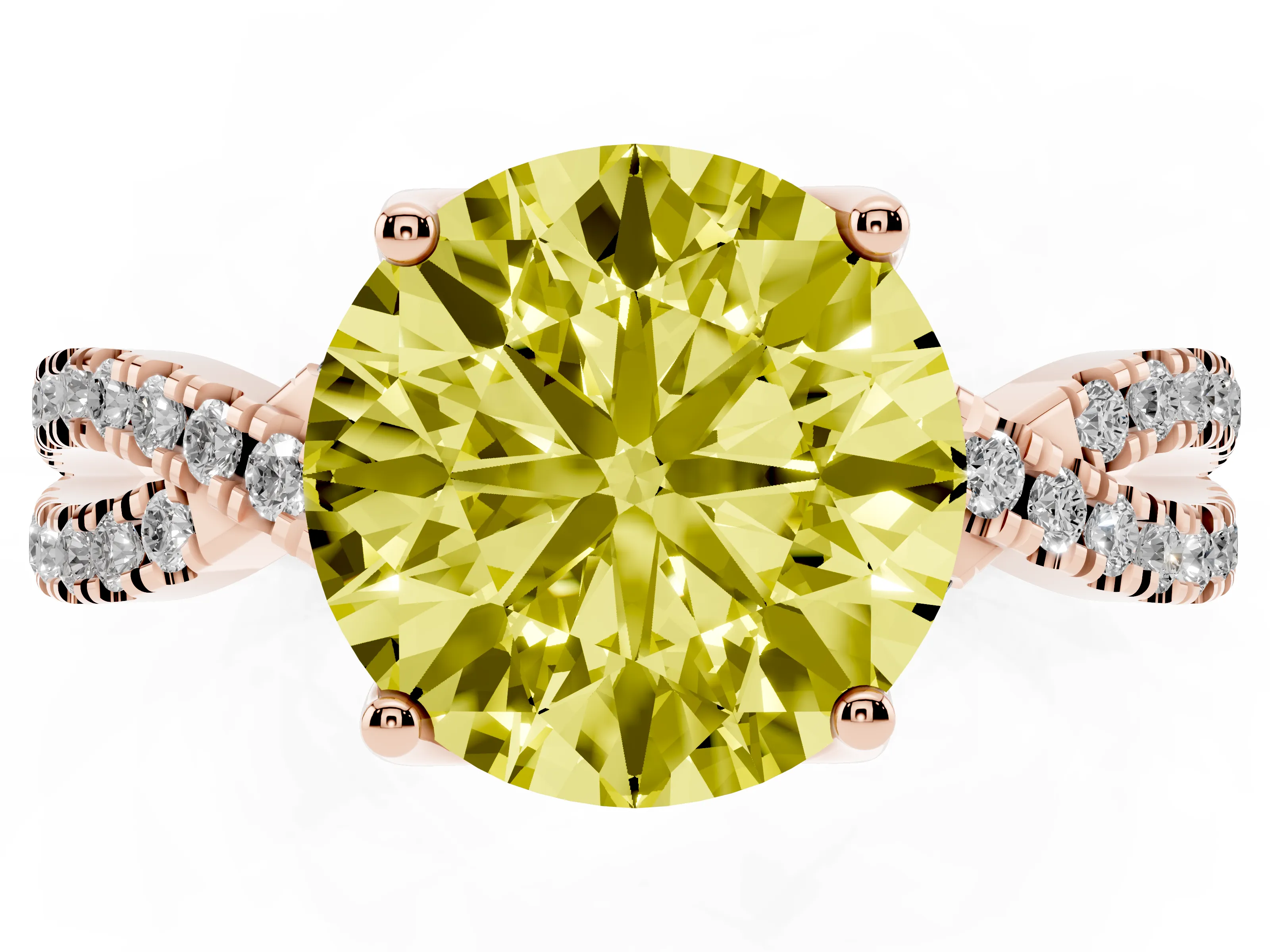 Fancy Yellow Round Cut Diamond Twist Pavé Solitaire Engagement Ring Set in Rose gold with Prong Setting