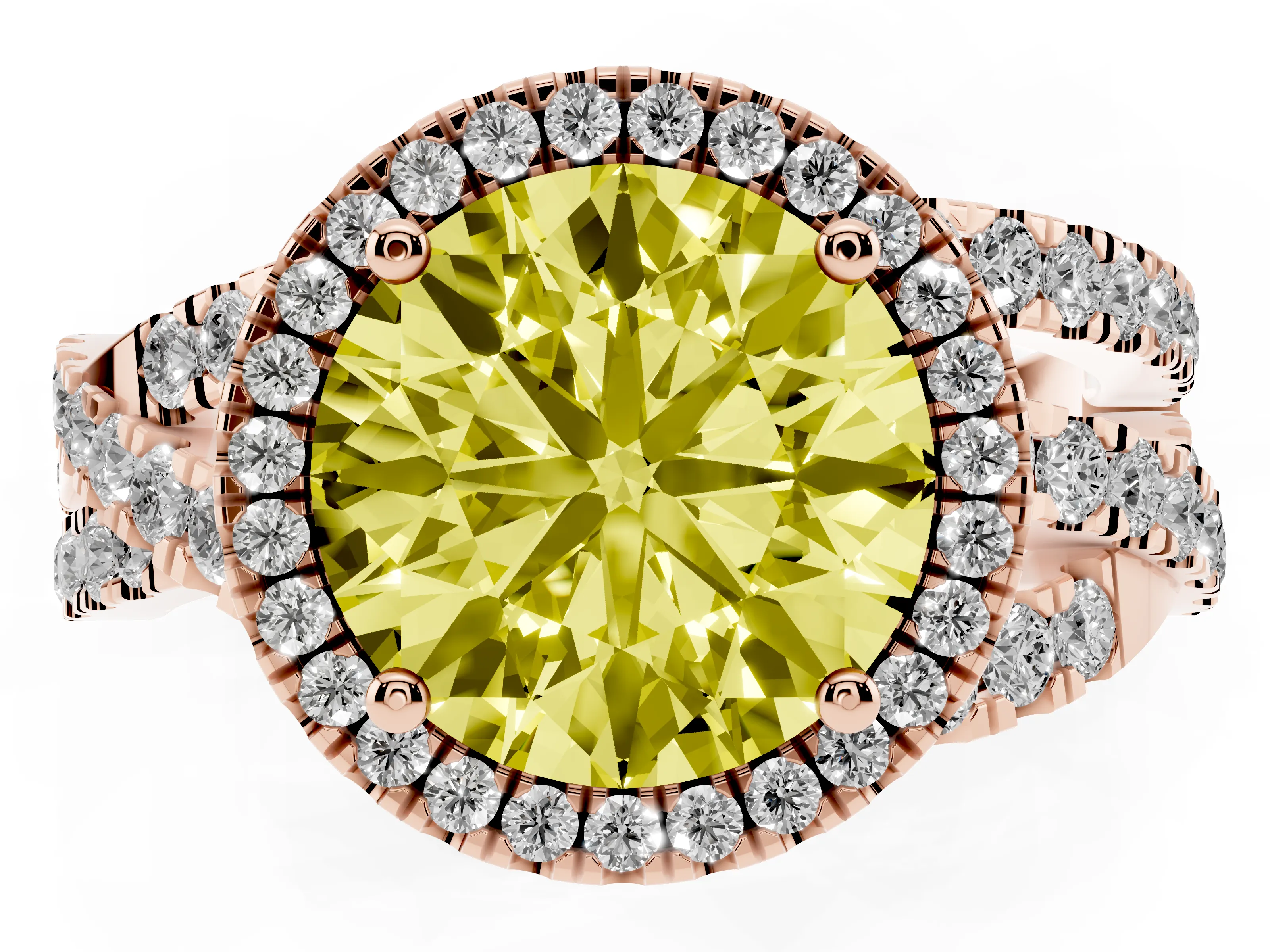 Fancy Yellow Round Cut Diamond Halo Ring Set in Rose gold with Round Crossover Split Shank and Prong Setting