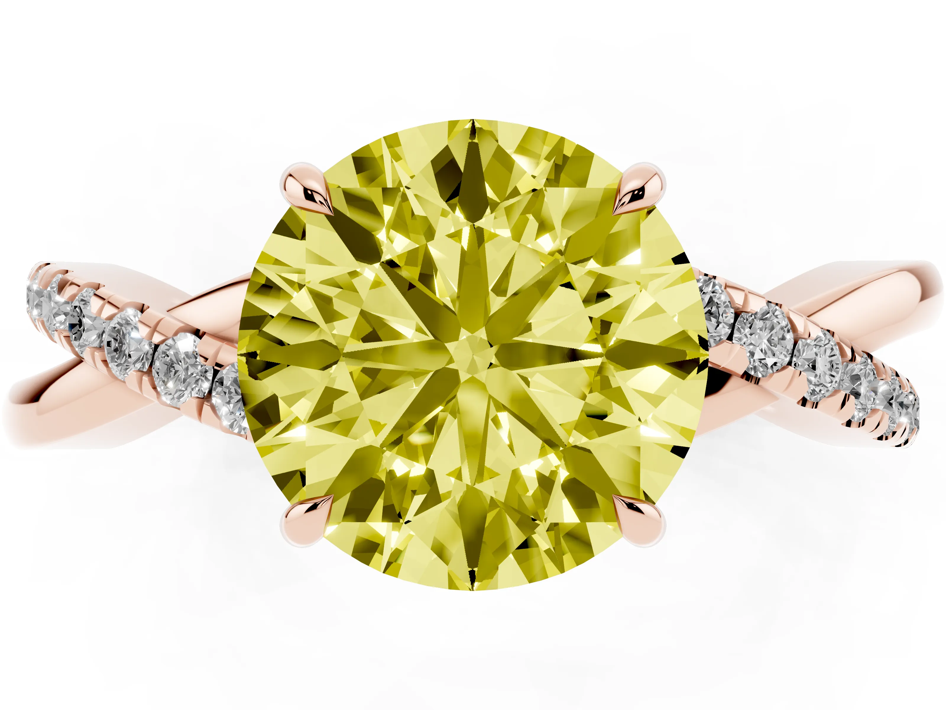 Fancy Yellow Round Cut Diamond Twisted Pavé Band Ring Set in Rose gold with Prong Setting