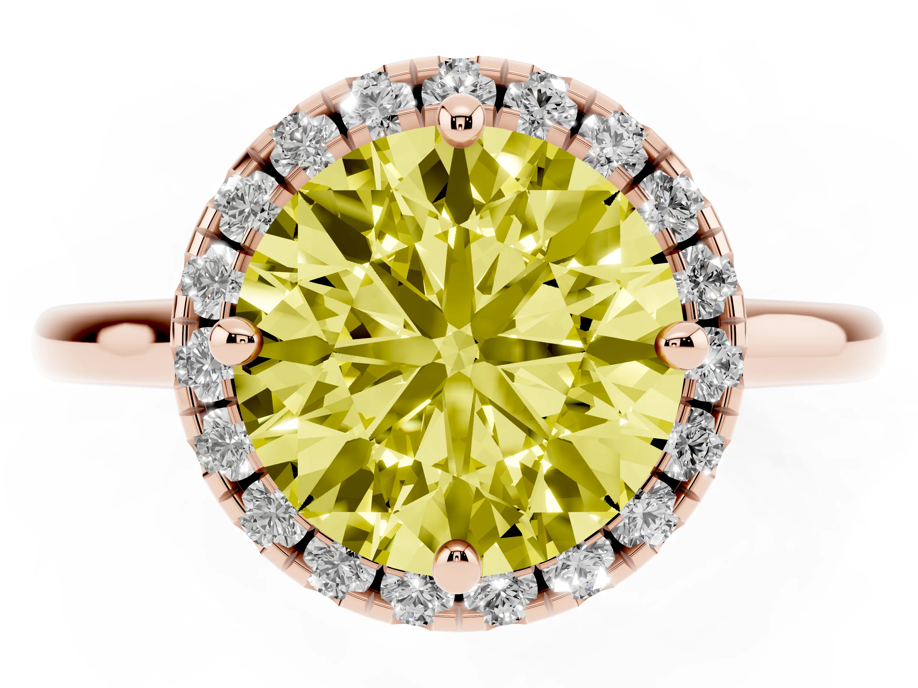 Fancy Yellow Round Cut Diamond Halo Engagement Ring Set in Rose gold with Pavé Band and Rising Shoulders