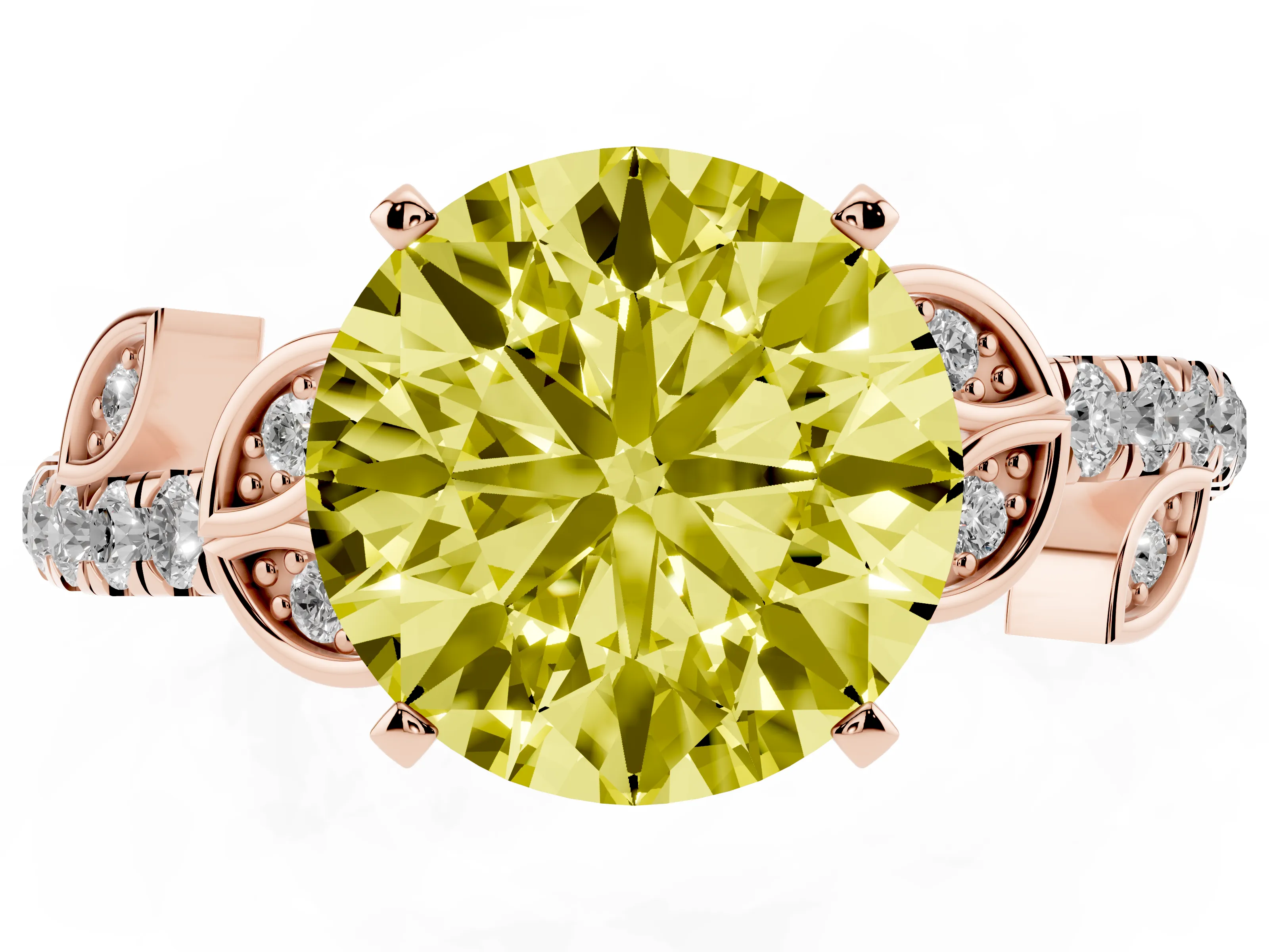 Fancy Yellow Round Cut Diamond Solitaire Leaf-Inspired Ring Set in Rose gold with Pavé Band and Prong Setting