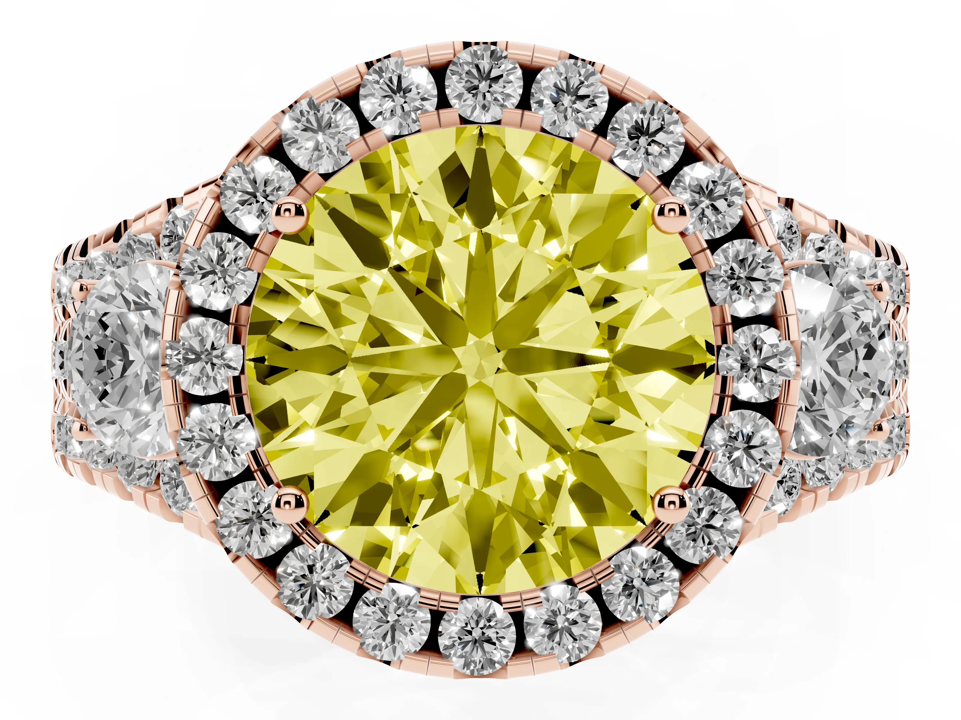 Fancy Yellow Round Cut Diamond Halo Split Shank Ring Set in Rose gold with Round Accent Stones and Prong Setting