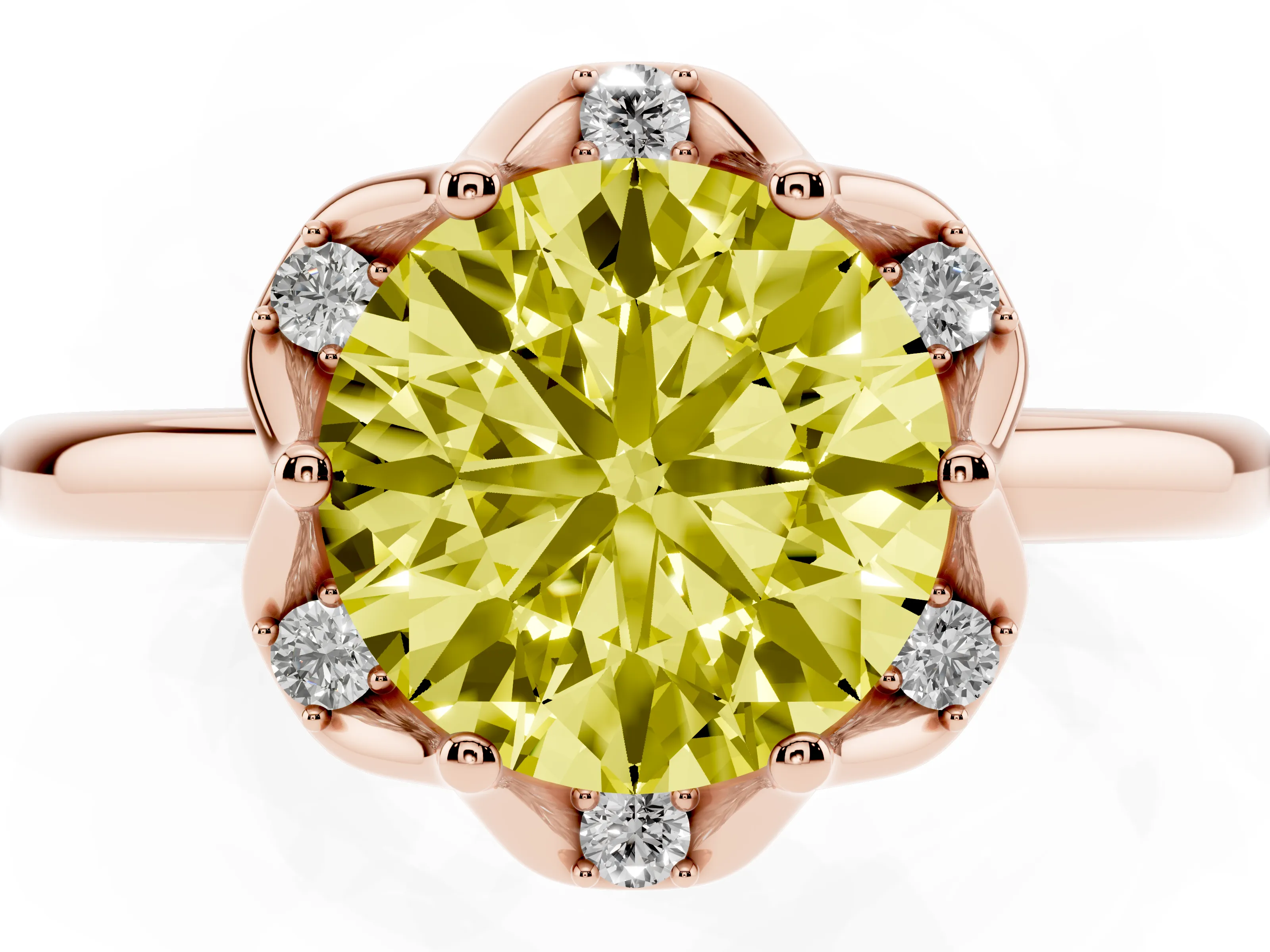 Fancy Yellow Round Cut Diamond Round Cluster Halo Ring Set in Rose gold with Solitaire Band and Prong Setting