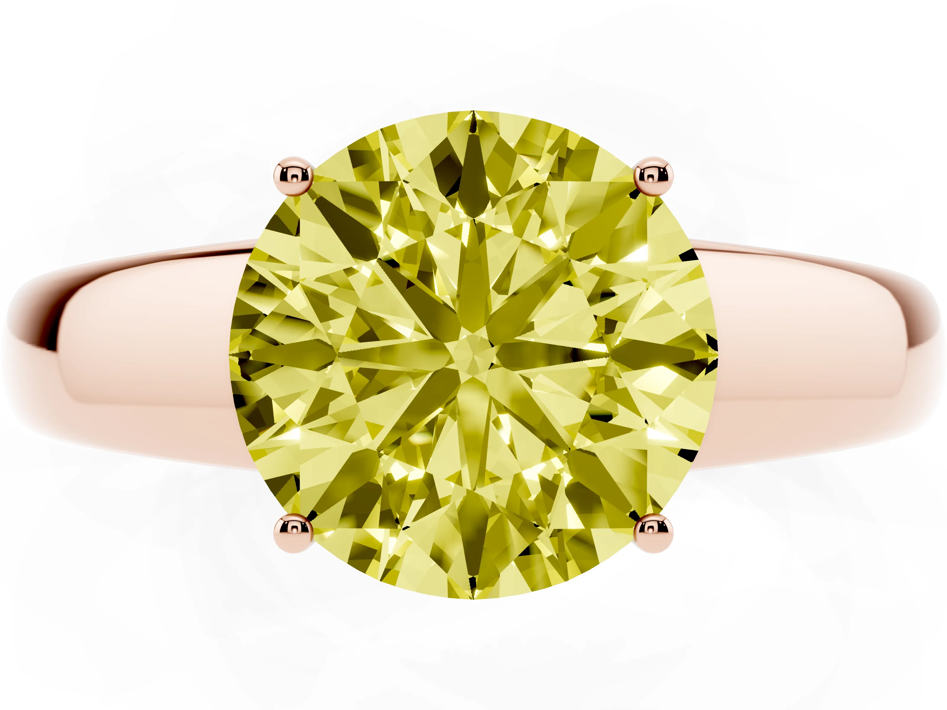 Fancy Yellow Round Cut Diamond Solitaire Ring Set in Rose gold with Tapered Band and Prong Setting