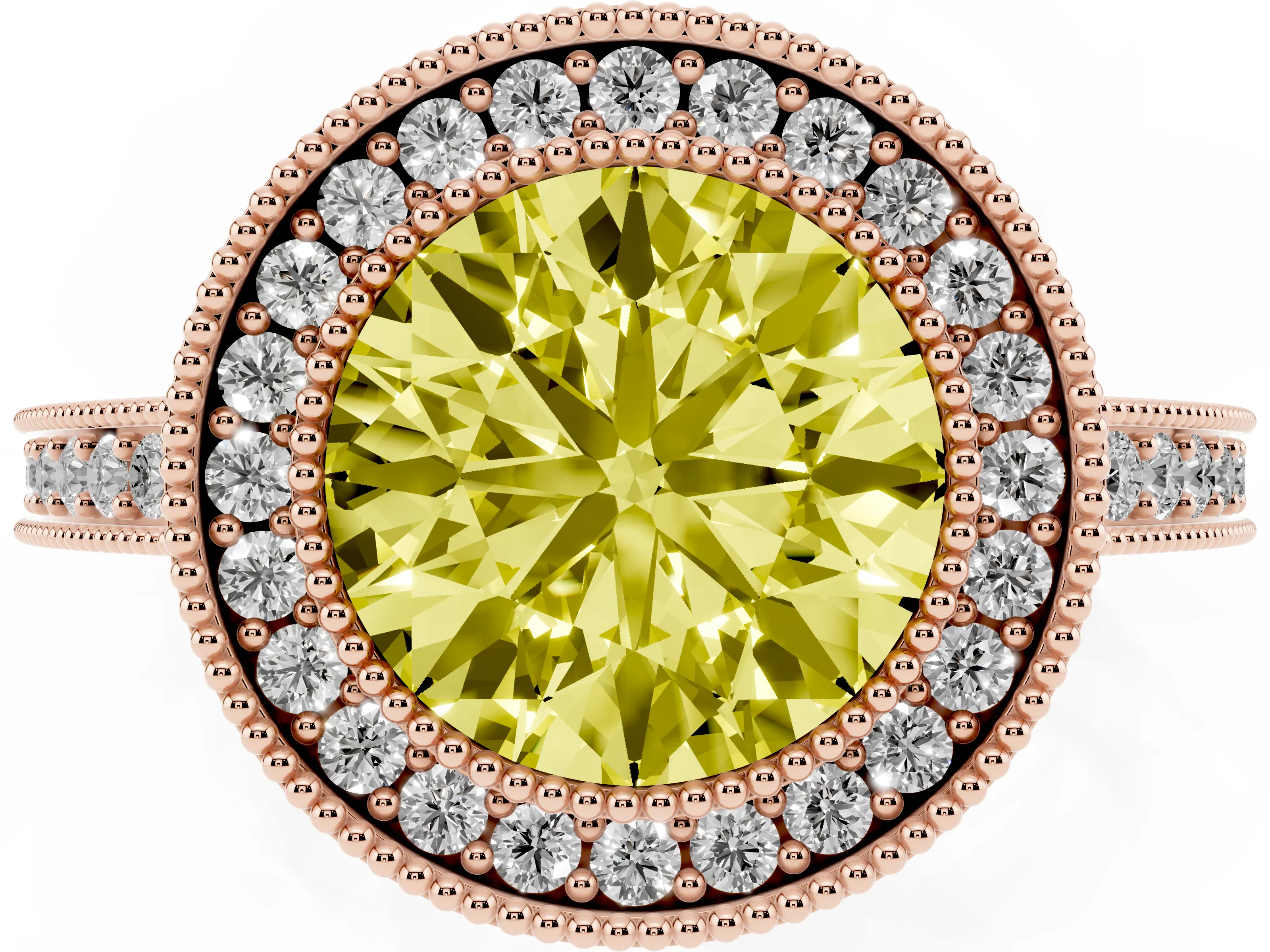 Fancy Yellow Round Cut Diamond Round Halo Ring Set in Rose gold with Pavé Band